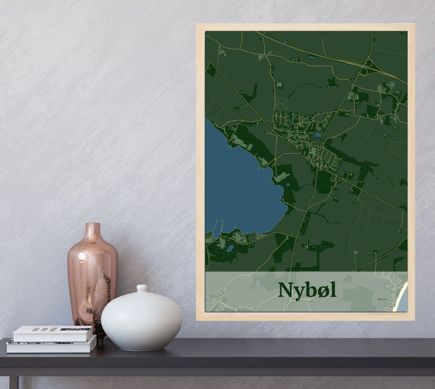 Nybøl plakat i farve og HjemEgn.dk design firkantet. Design bykort for Nybøl