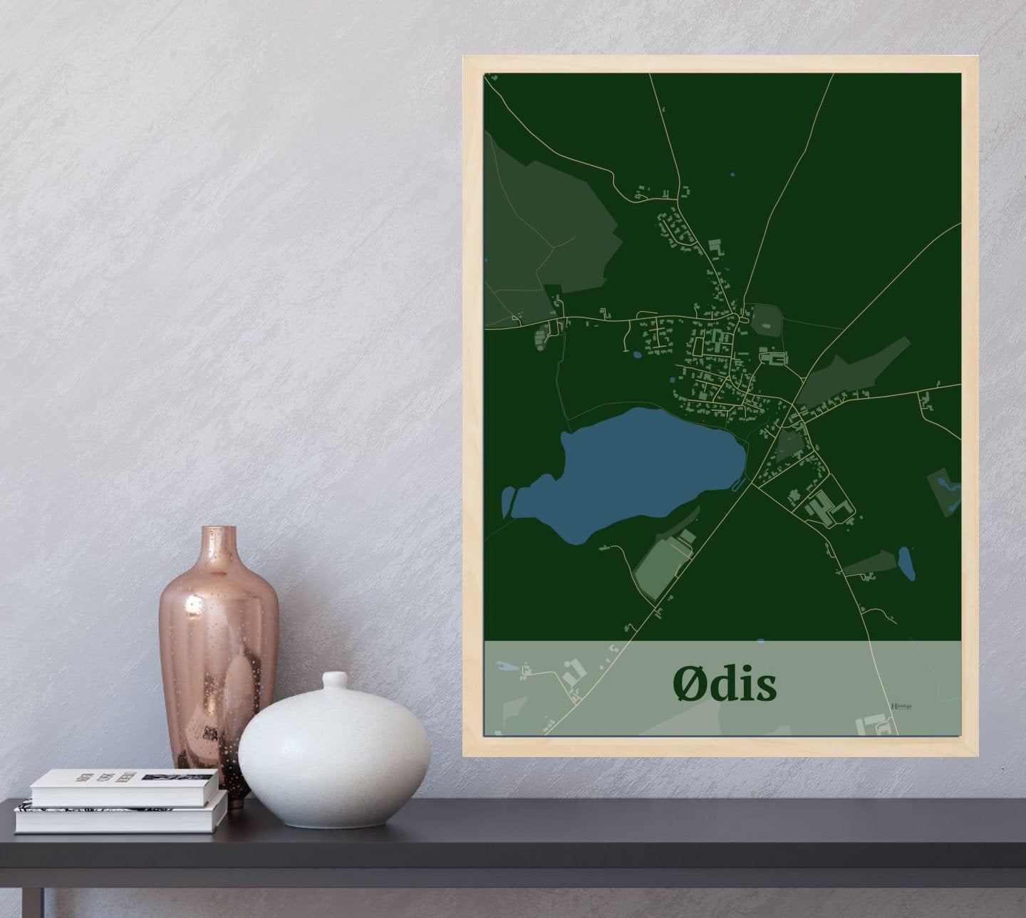 Ødis plakat i farve og HjemEgn.dk design firkantet. Design bykort for Ødis