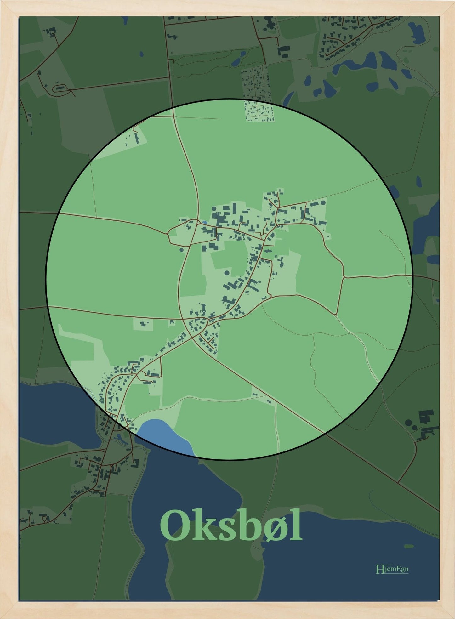 Oksbøl plakat i farve pastel grøn og HjemEgn.dk design centrum. Design bykort for Oksbøl