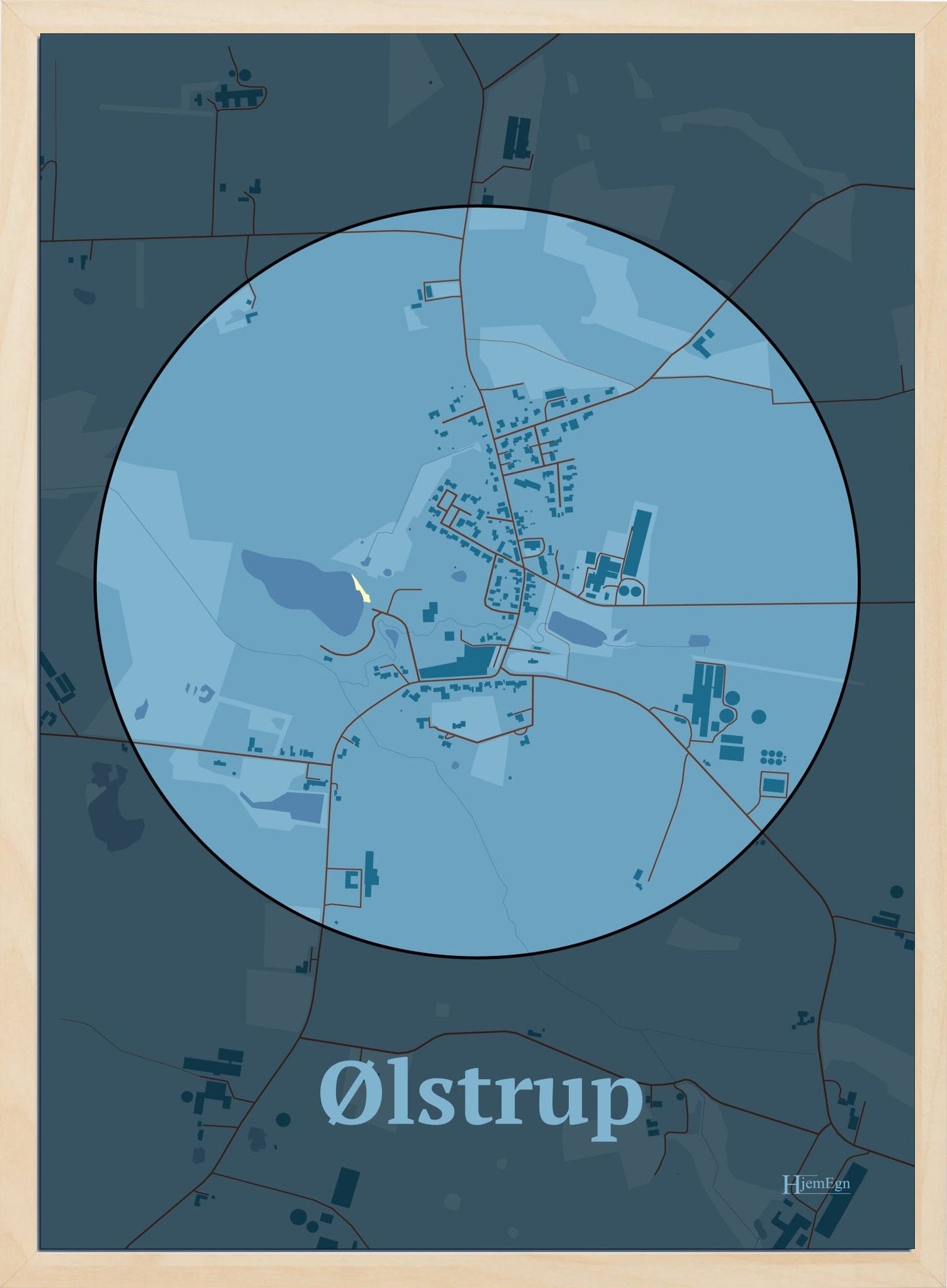 Ølstrup plakat i farve pastel blå og HjemEgn.dk design centrum. Design bykort for Ølstrup