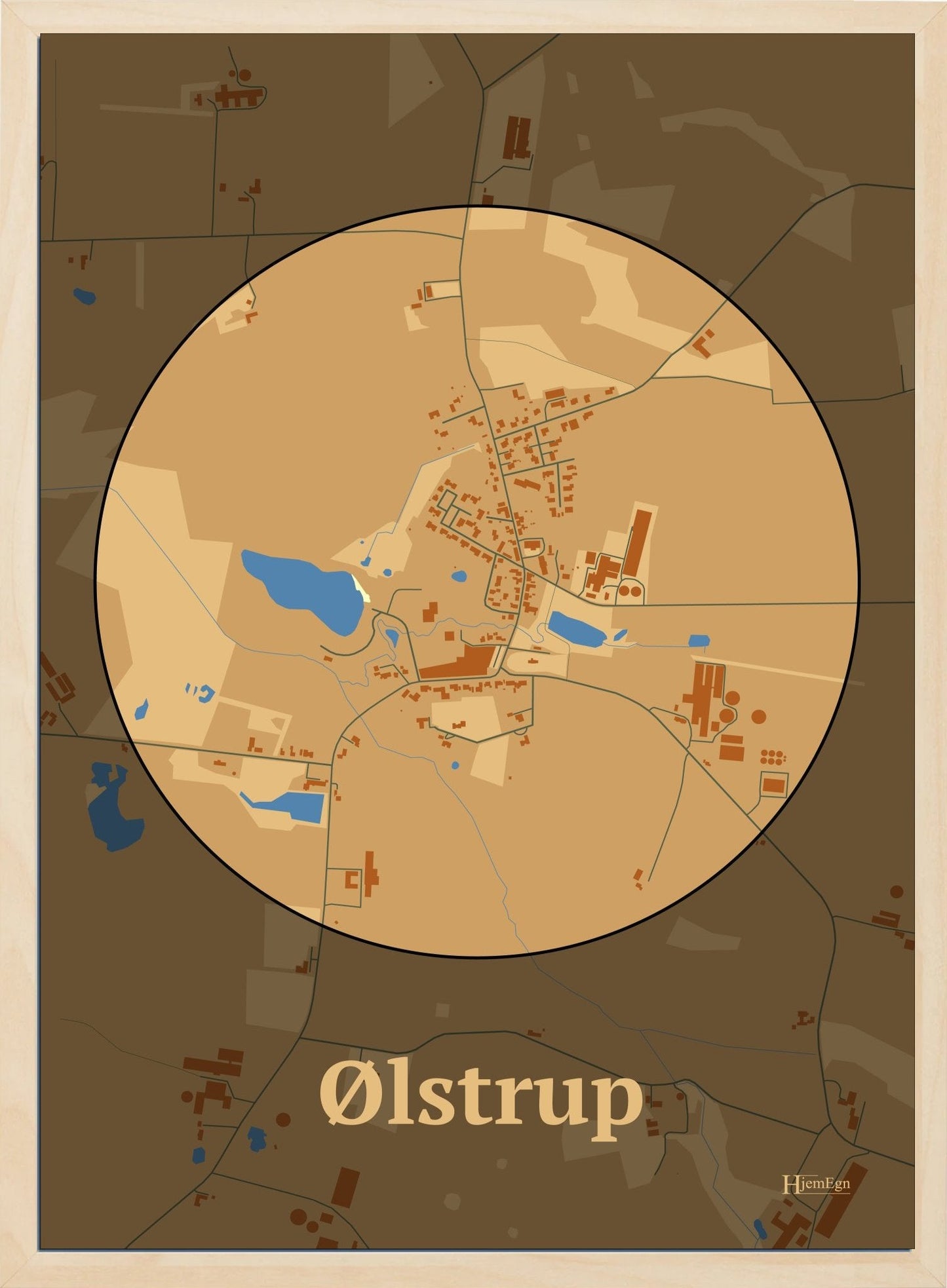 Ølstrup plakat i farve pastel brun og HjemEgn.dk design centrum. Design bykort for Ølstrup
