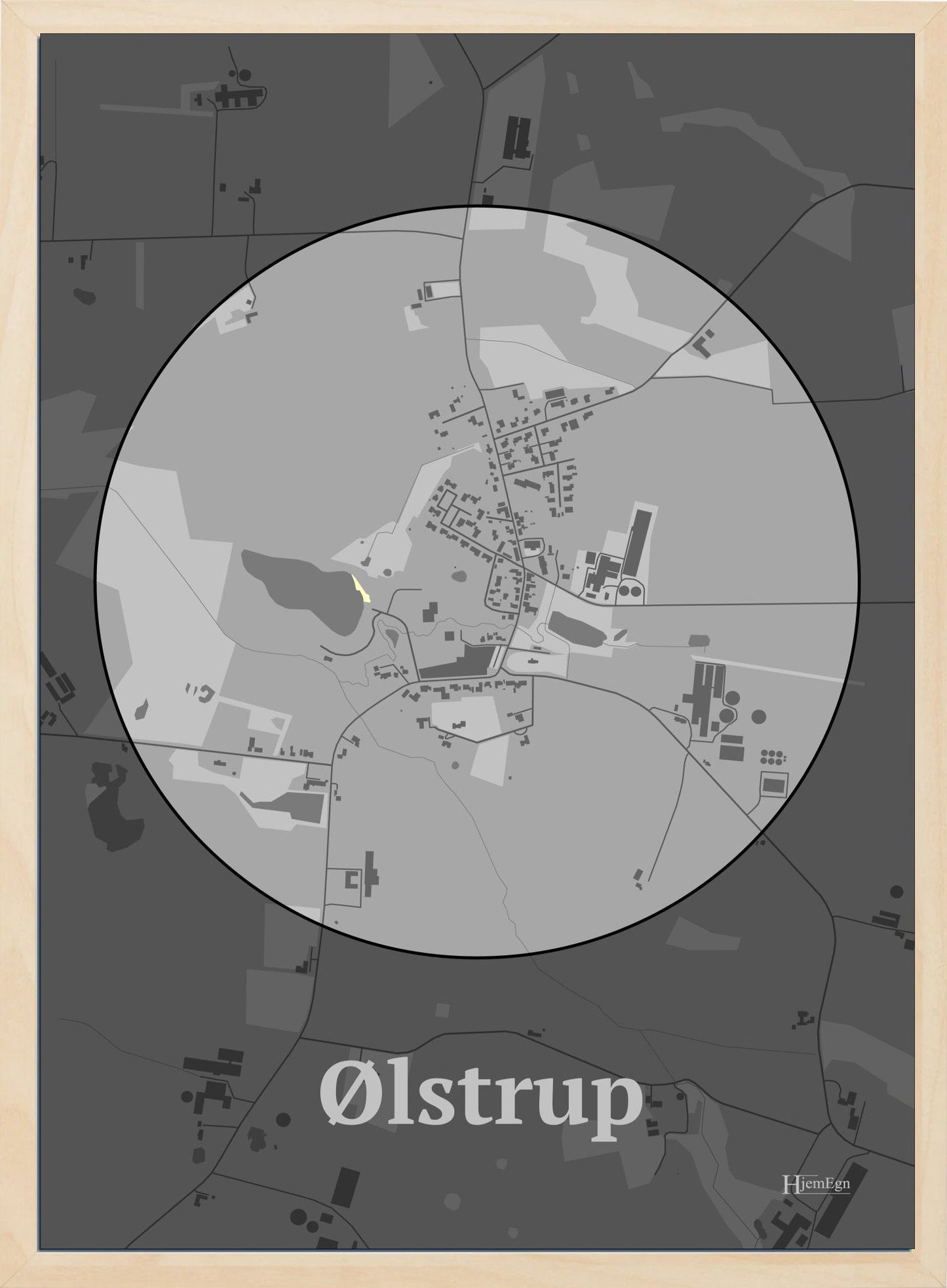 Ølstrup plakat i farve pastel grå og HjemEgn.dk design centrum. Design bykort for Ølstrup