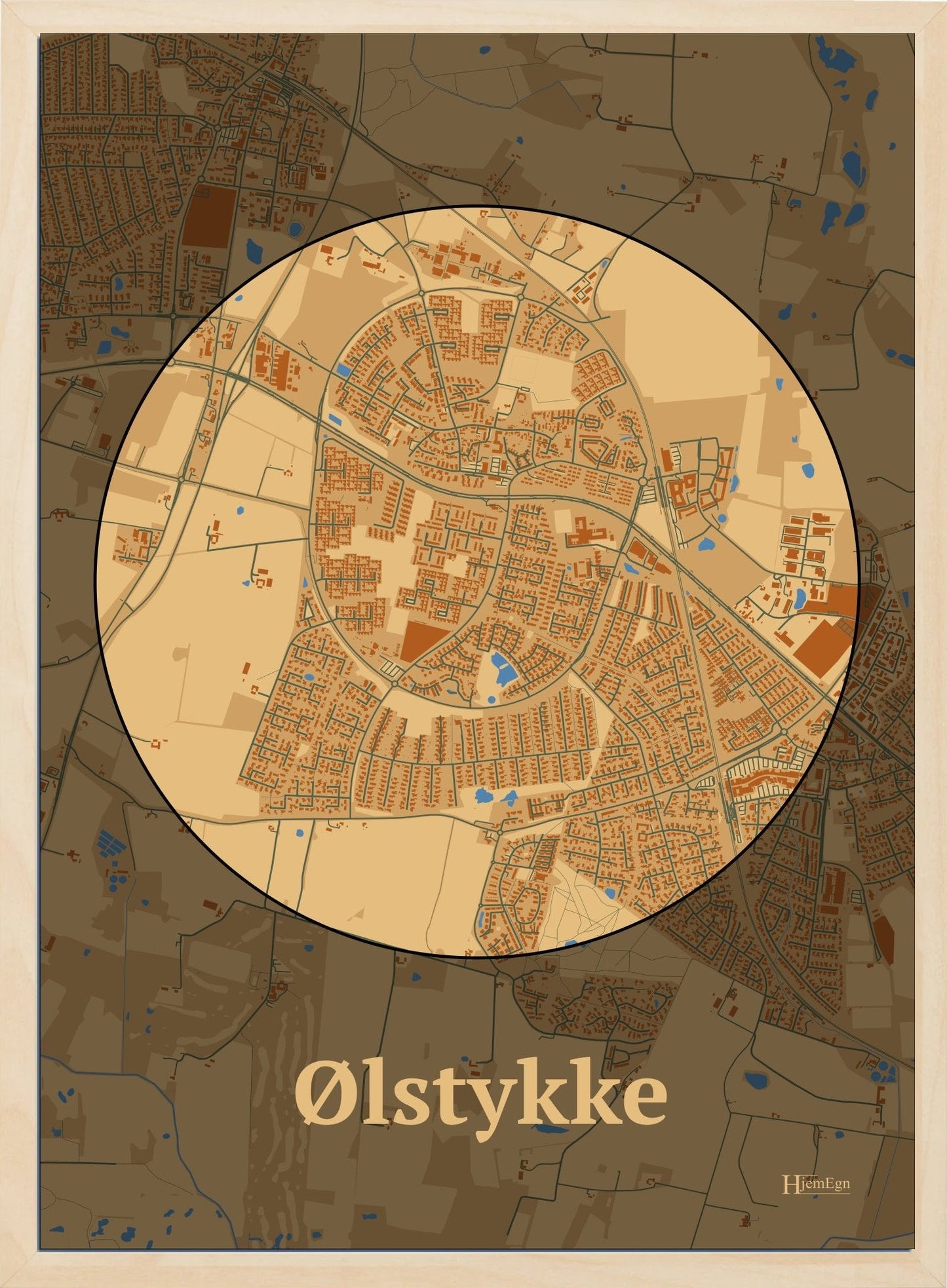 Ølstykke plakat i farve pastel brun og HjemEgn.dk design centrum. Design bykort for Ølstykke