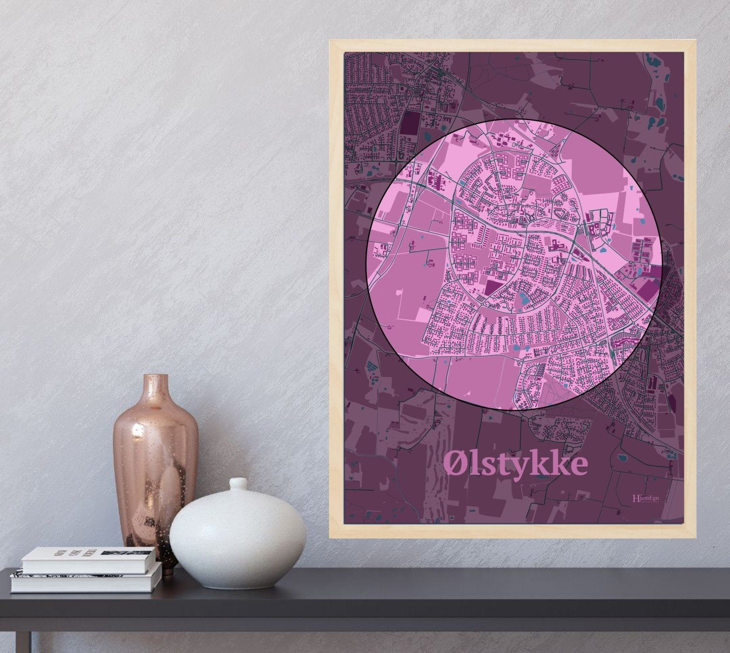 Ølstykke plakat i farve og HjemEgn.dk design centrum. Design bykort for Ølstykke