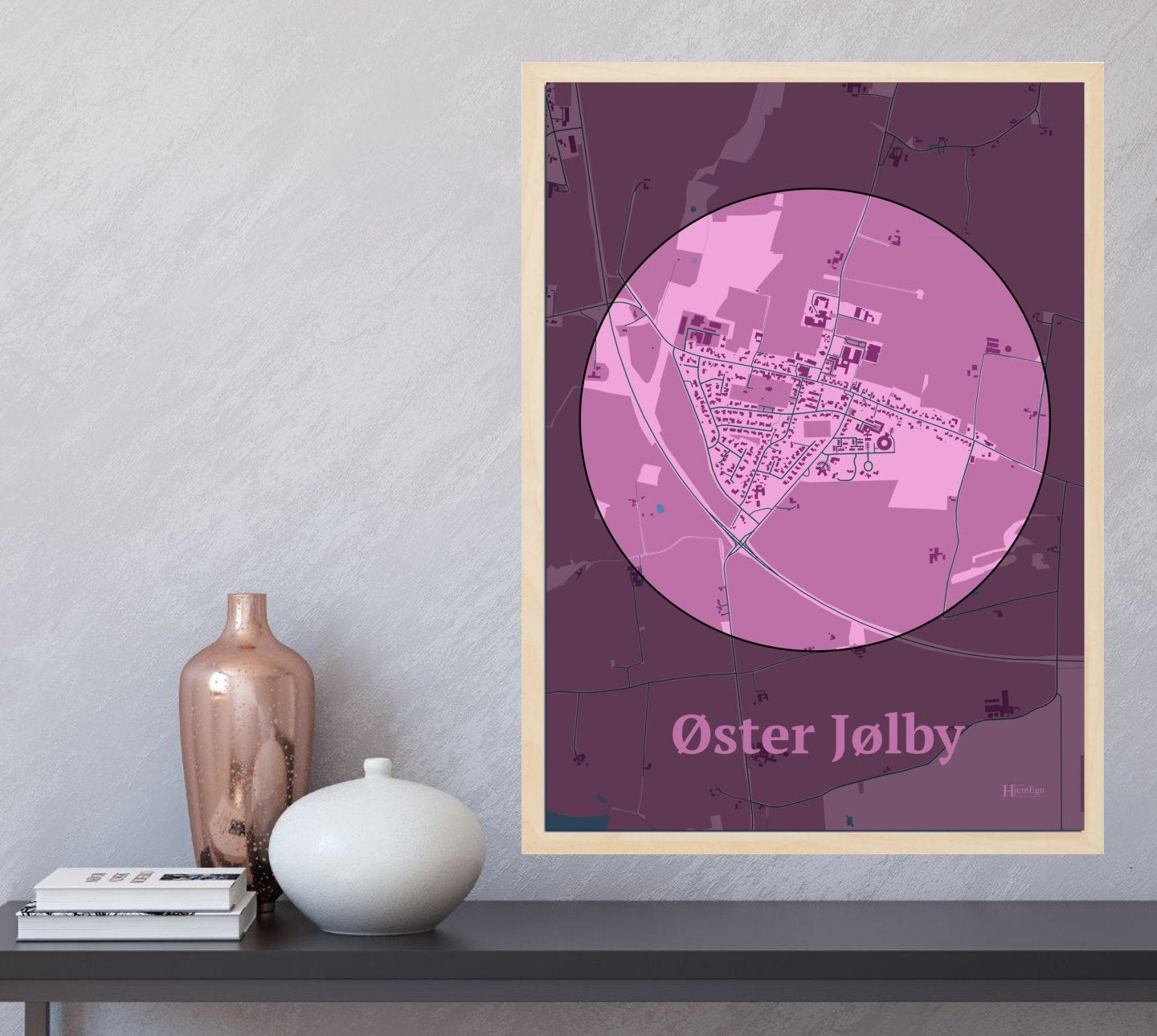 Øster Jølby plakat i farve og HjemEgn.dk design centrum. Design bykort for Øster Jølby