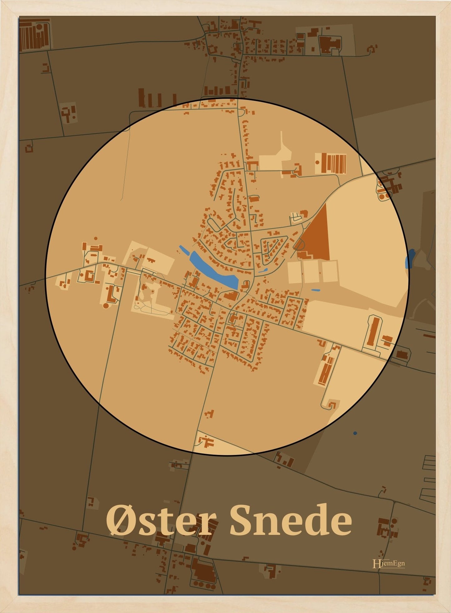 Øster Snede plakat i farve pastel brun og HjemEgn.dk design centrum. Design bykort for Øster Snede