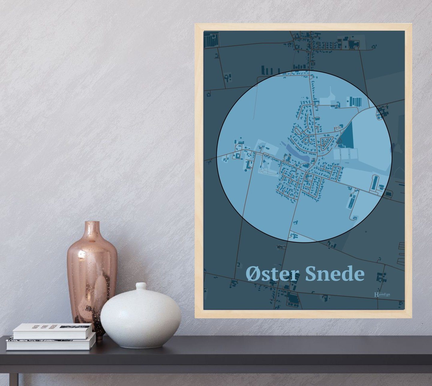 Øster Snede plakat i farve og HjemEgn.dk design centrum. Design bykort for Øster Snede