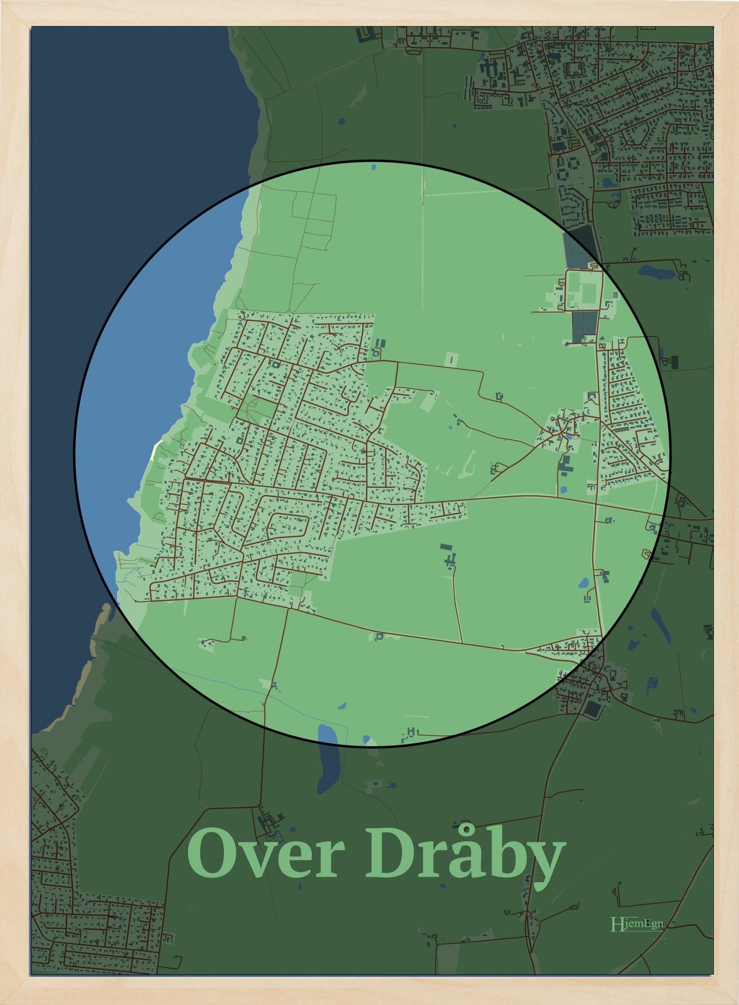 Over Dråby plakat i farve pastel grøn og HjemEgn.dk design centrum. Design bykort for Over Dråby