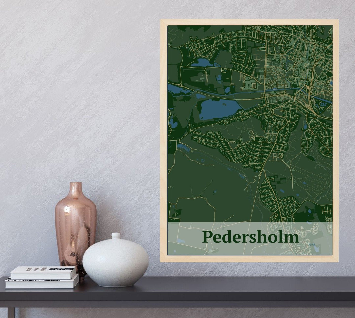 Pedersholm plakat i farve og HjemEgn.dk design firkantet. Design bykort for Pedersholm