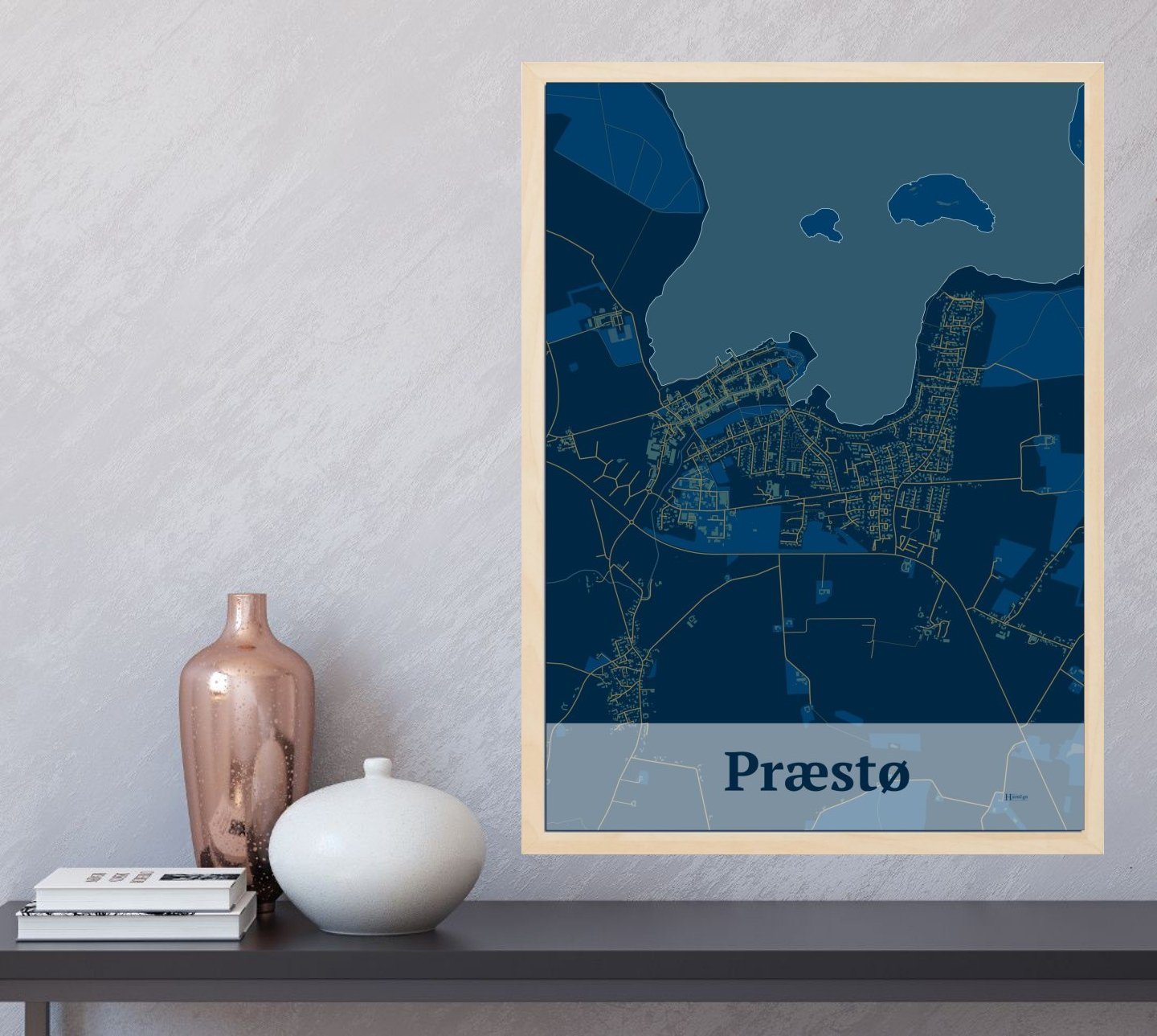 Præstø plakat i farve og HjemEgn.dk design firkantet. Design bykort for Præstø