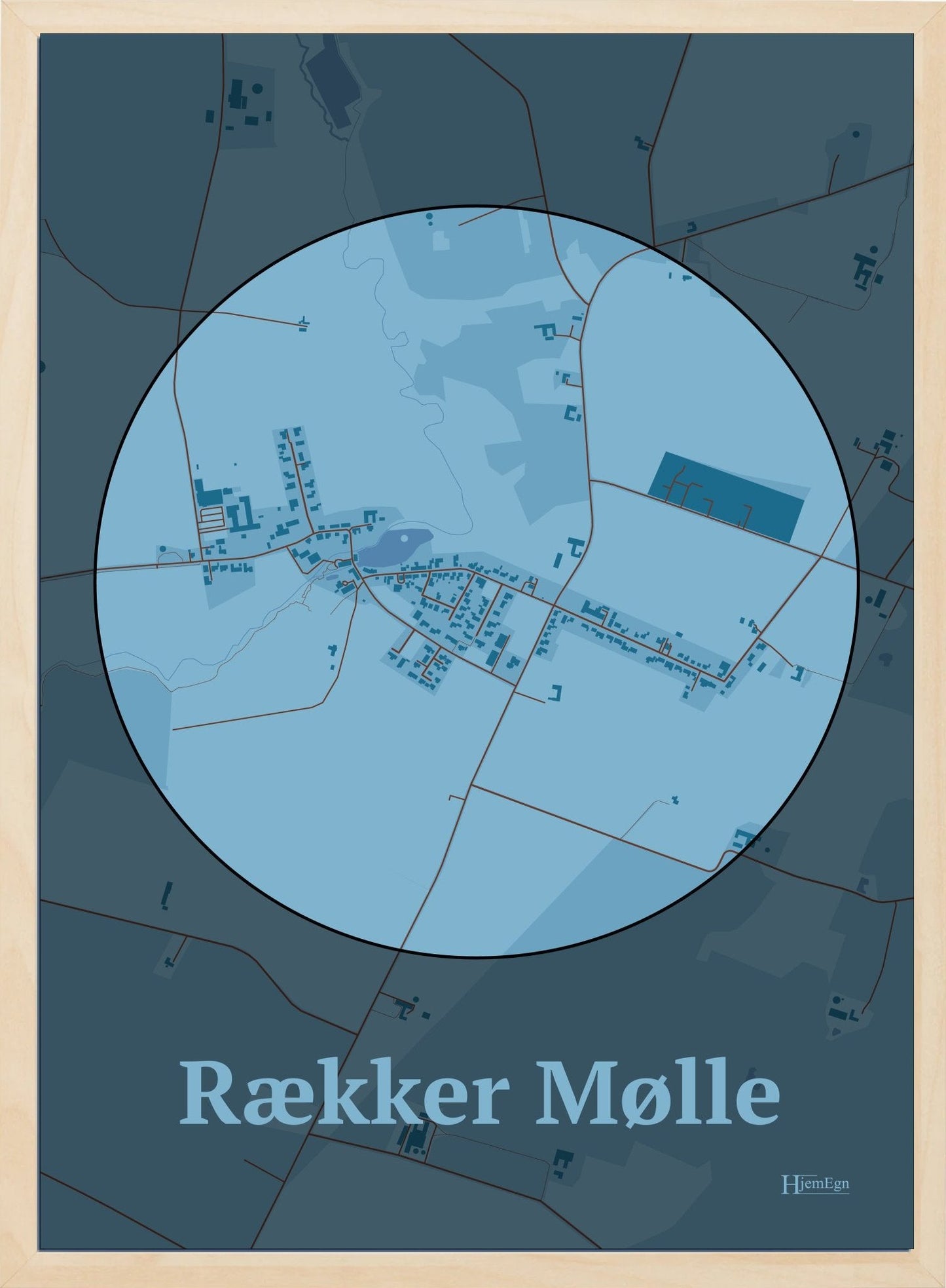 Rækker Mølle plakat i farve pastel blå og HjemEgn.dk design centrum. Design bykort for Rækker Mølle