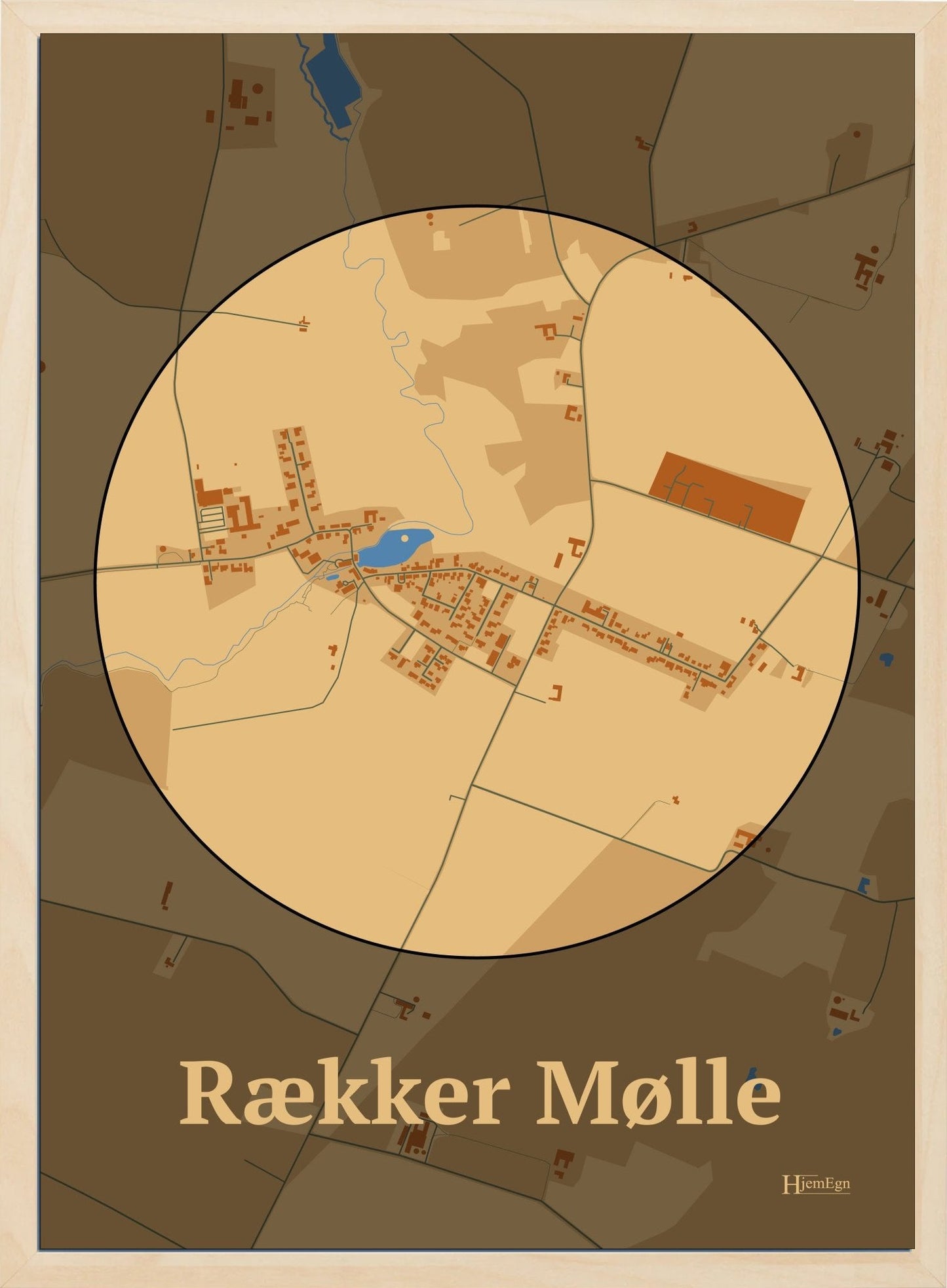 Rækker Mølle plakat i farve pastel brun og HjemEgn.dk design centrum. Design bykort for Rækker Mølle