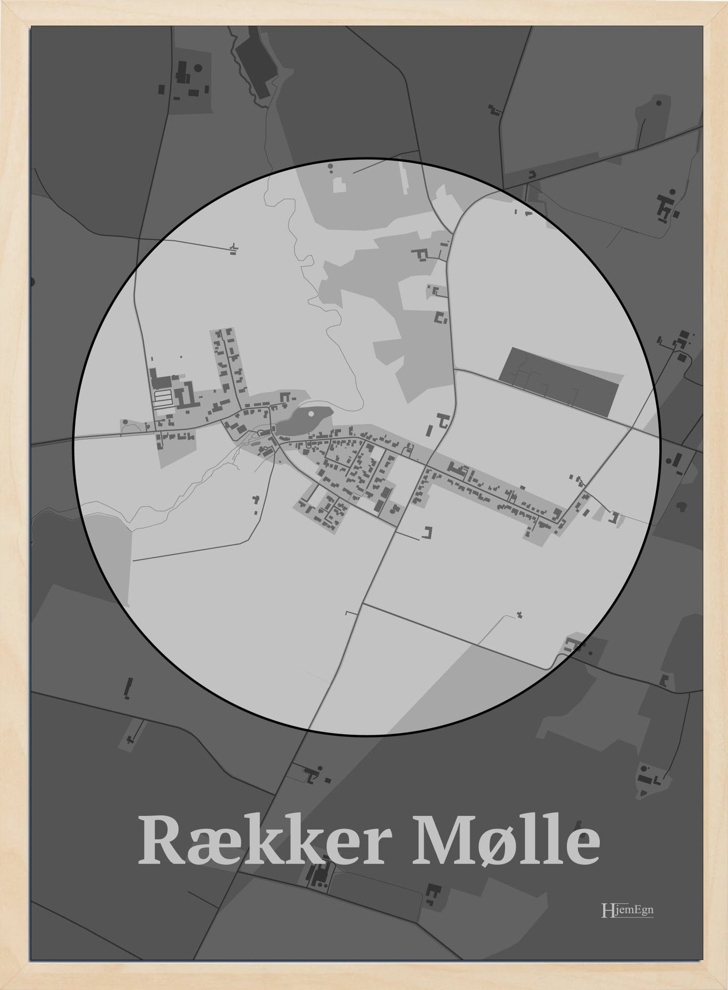 Rækker Mølle plakat i farve pastel grå og HjemEgn.dk design centrum. Design bykort for Rækker Mølle