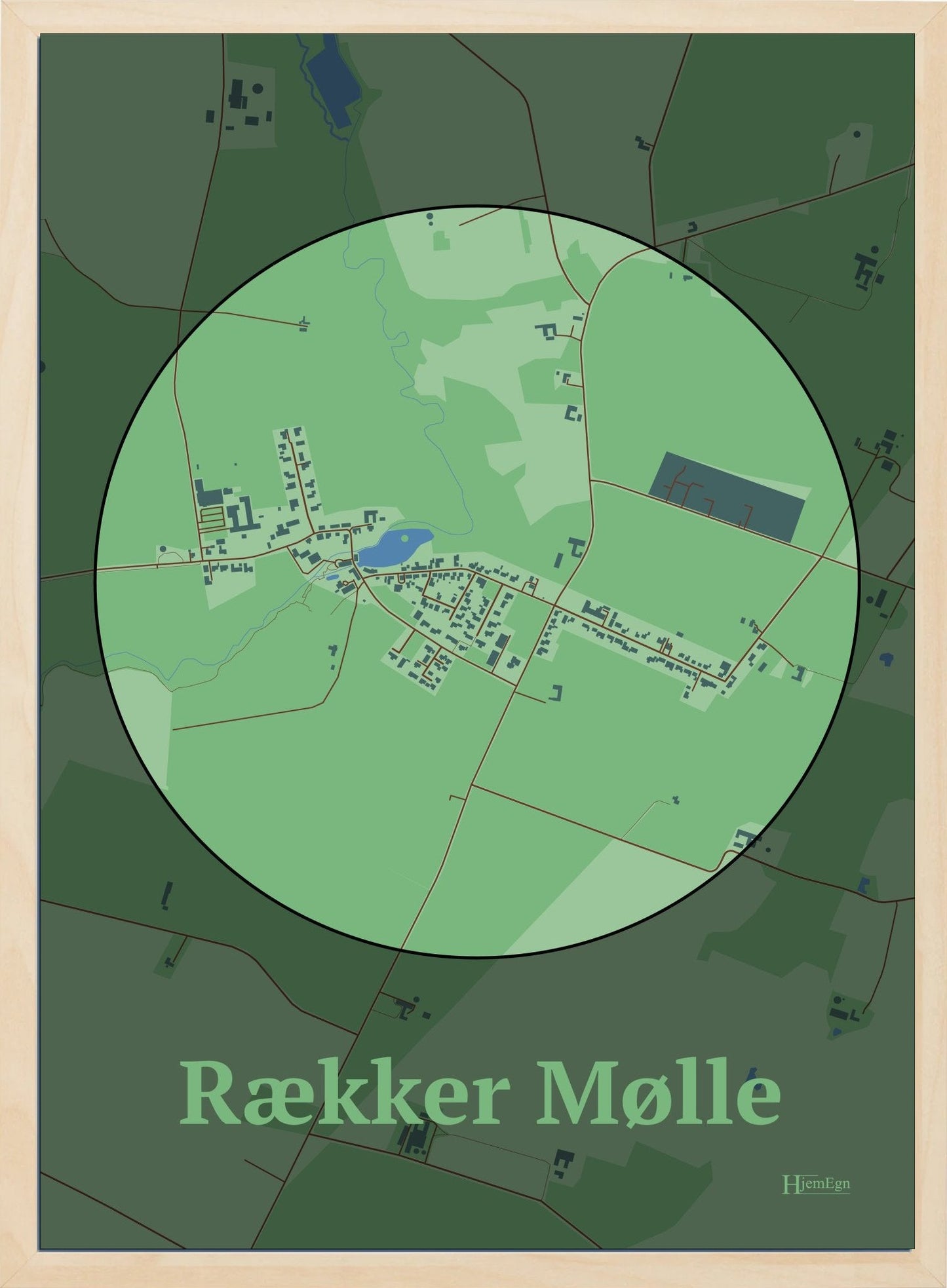 Rækker Mølle plakat i farve pastel grøn og HjemEgn.dk design centrum. Design bykort for Rækker Mølle