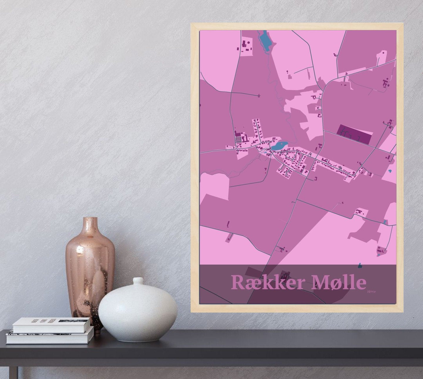 Rækker Mølle plakat i farve og HjemEgn.dk design firkantet. Design bykort for Rækker Mølle