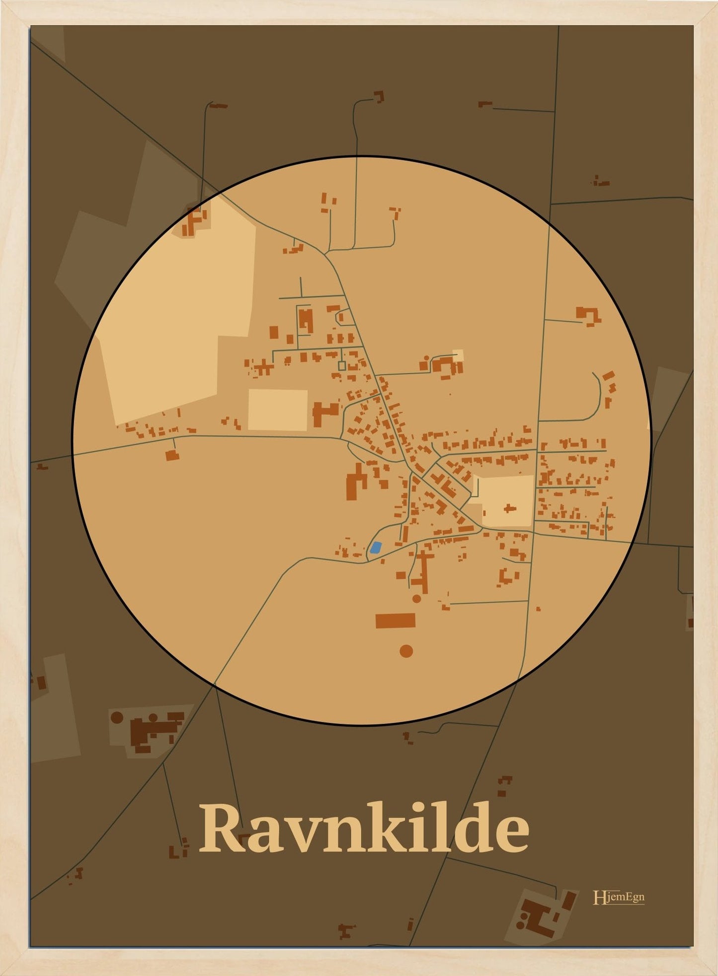 Ravnkilde plakat i farve pastel brun og HjemEgn.dk design centrum. Design bykort for Ravnkilde