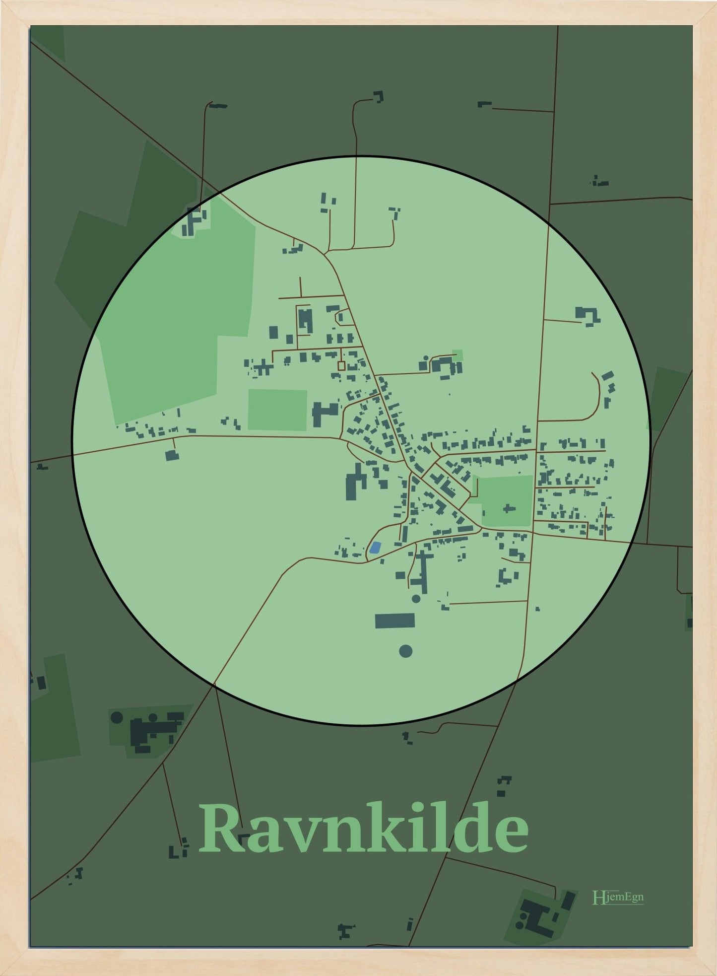 Ravnkilde plakat i farve pastel grøn og HjemEgn.dk design centrum. Design bykort for Ravnkilde