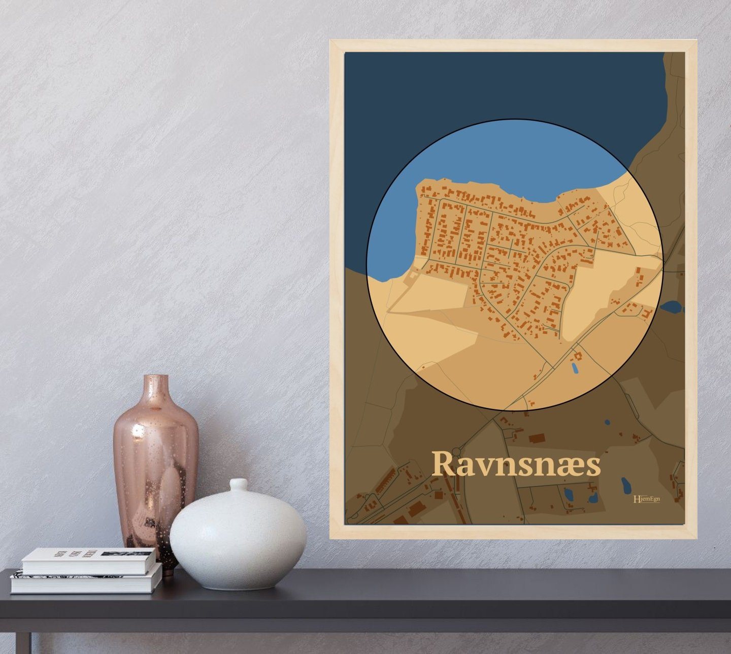 Ravnsnæs plakat i farve og HjemEgn.dk design centrum. Design bykort for Ravnsnæs