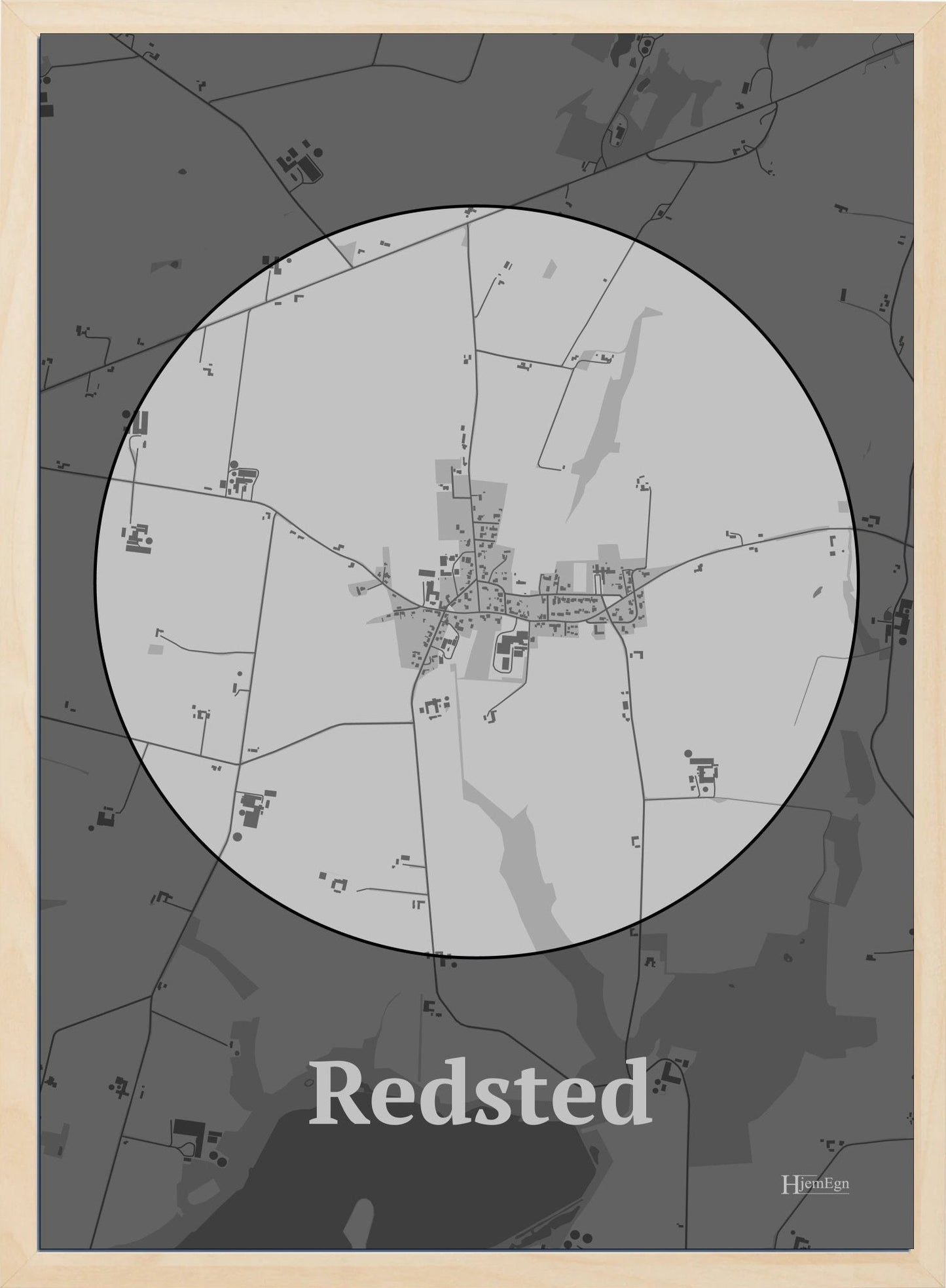 Redsted plakat i farve pastel grå og HjemEgn.dk design centrum. Design bykort for Redsted