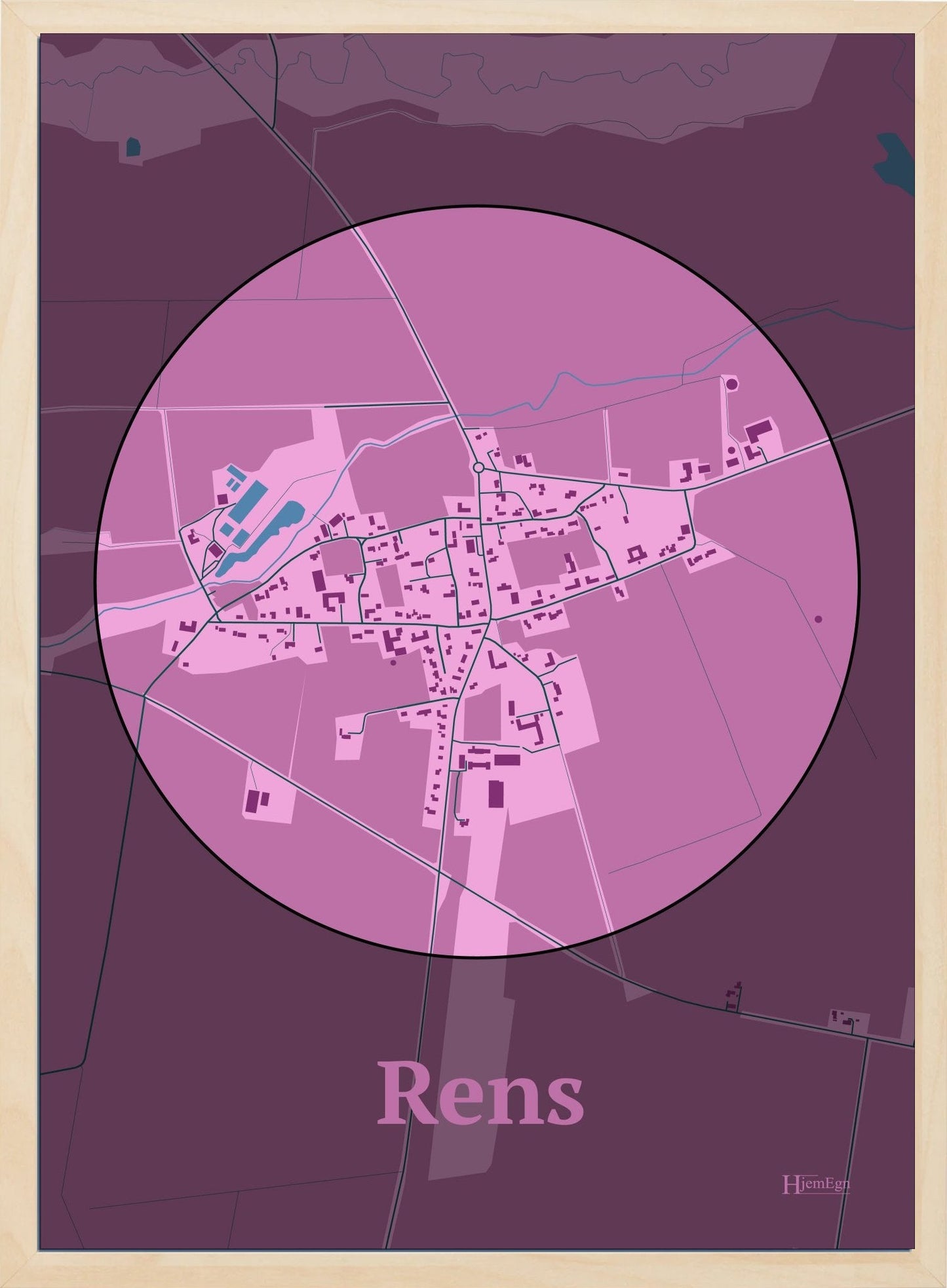 Rens plakat i farve pastel rød og HjemEgn.dk design centrum. Design bykort for Rens