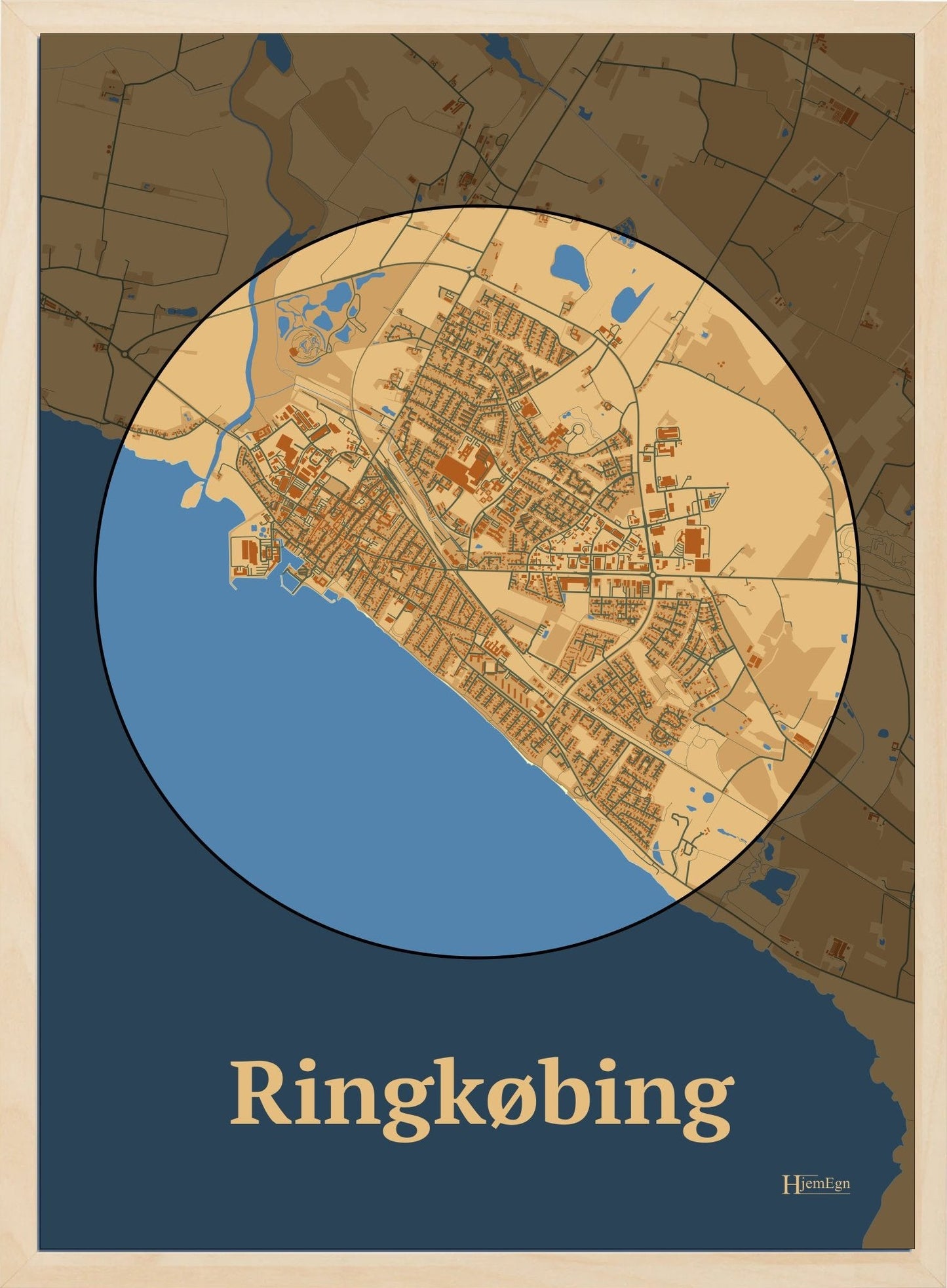 Ringkøbing plakat i farve pastel brun og HjemEgn.dk design centrum. Design bykort for Ringkøbing