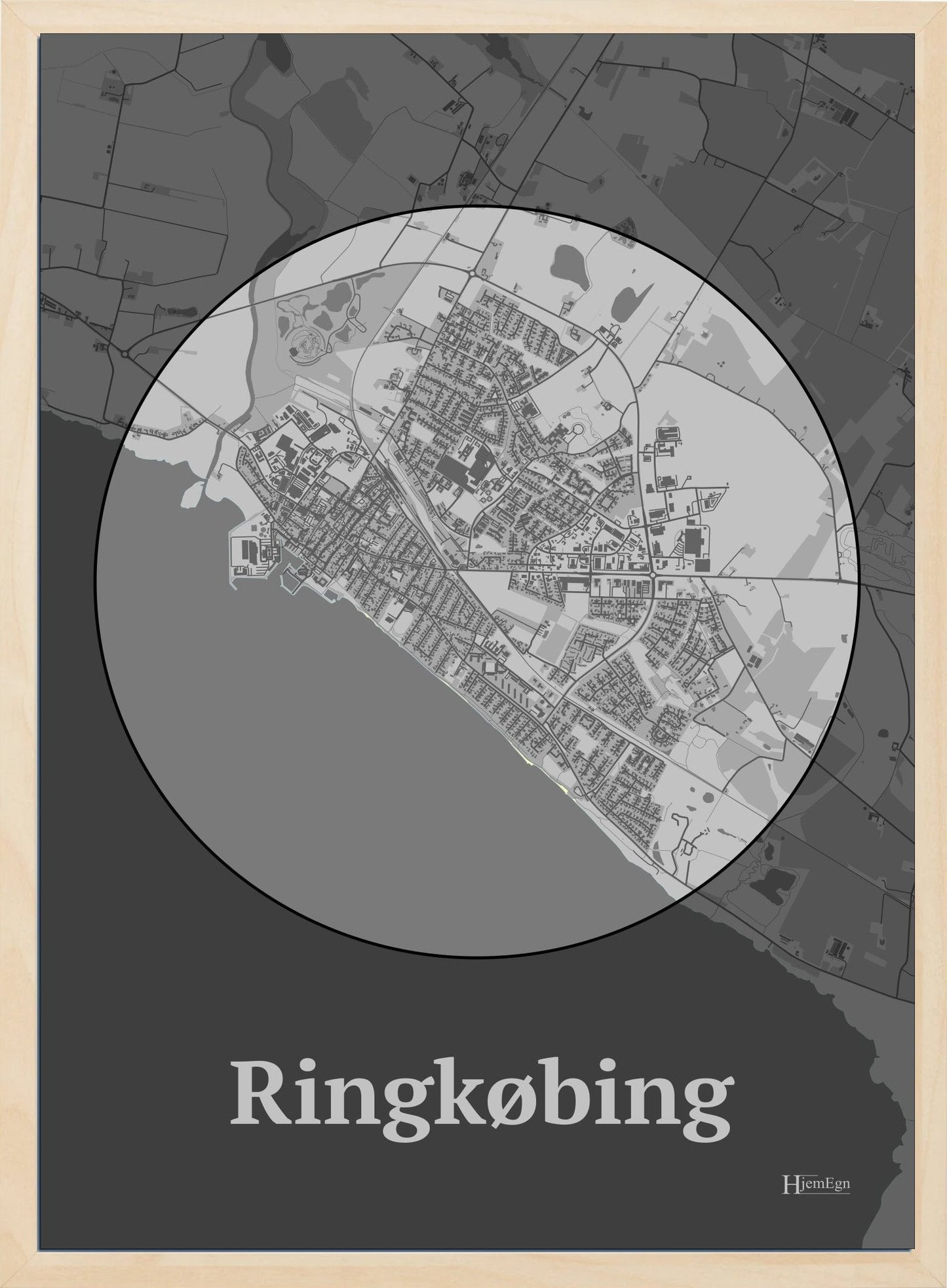 Ringkøbing plakat i farve pastel grå og HjemEgn.dk design centrum. Design bykort for Ringkøbing