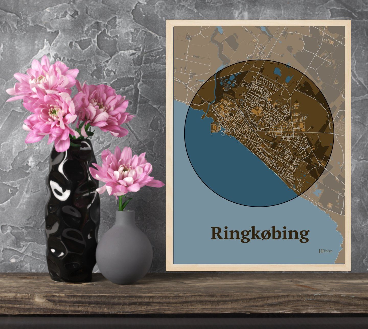 Ringkøbing plakat i farve og HjemEgn.dk design centrum. Design bykort for Ringkøbing