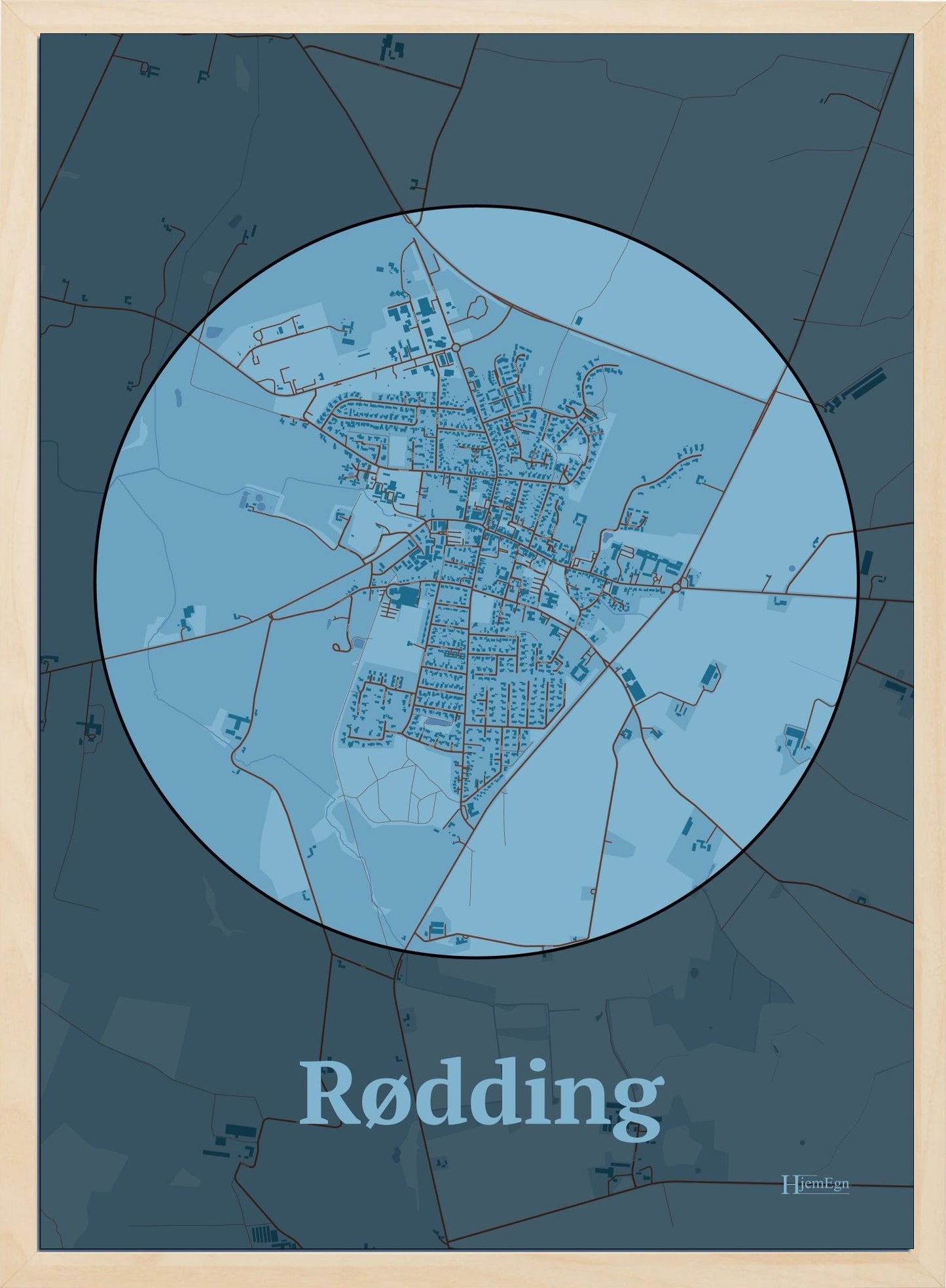 Rødding plakat i farve pastel blå og HjemEgn.dk design centrum. Design bykort for Rødding