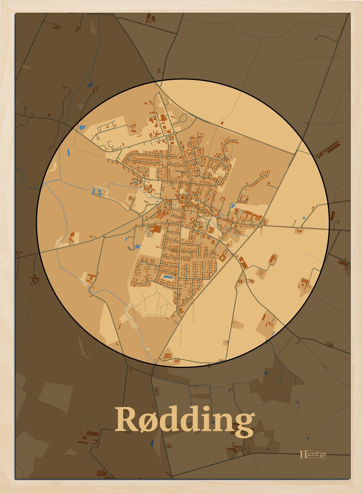 Rødding plakat i farve pastel brun og HjemEgn.dk design centrum. Design bykort for Rødding