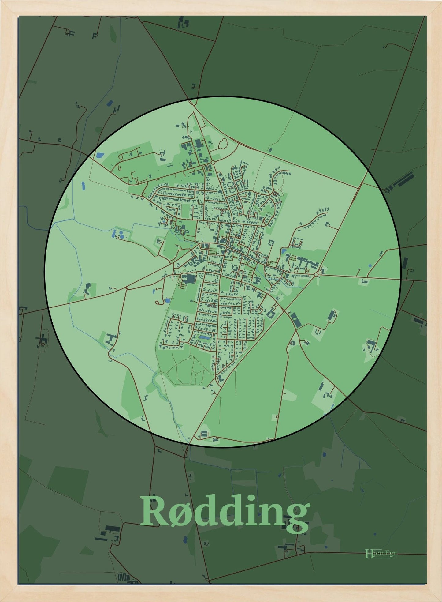 Rødding plakat i farve pastel grøn og HjemEgn.dk design centrum. Design bykort for Rødding