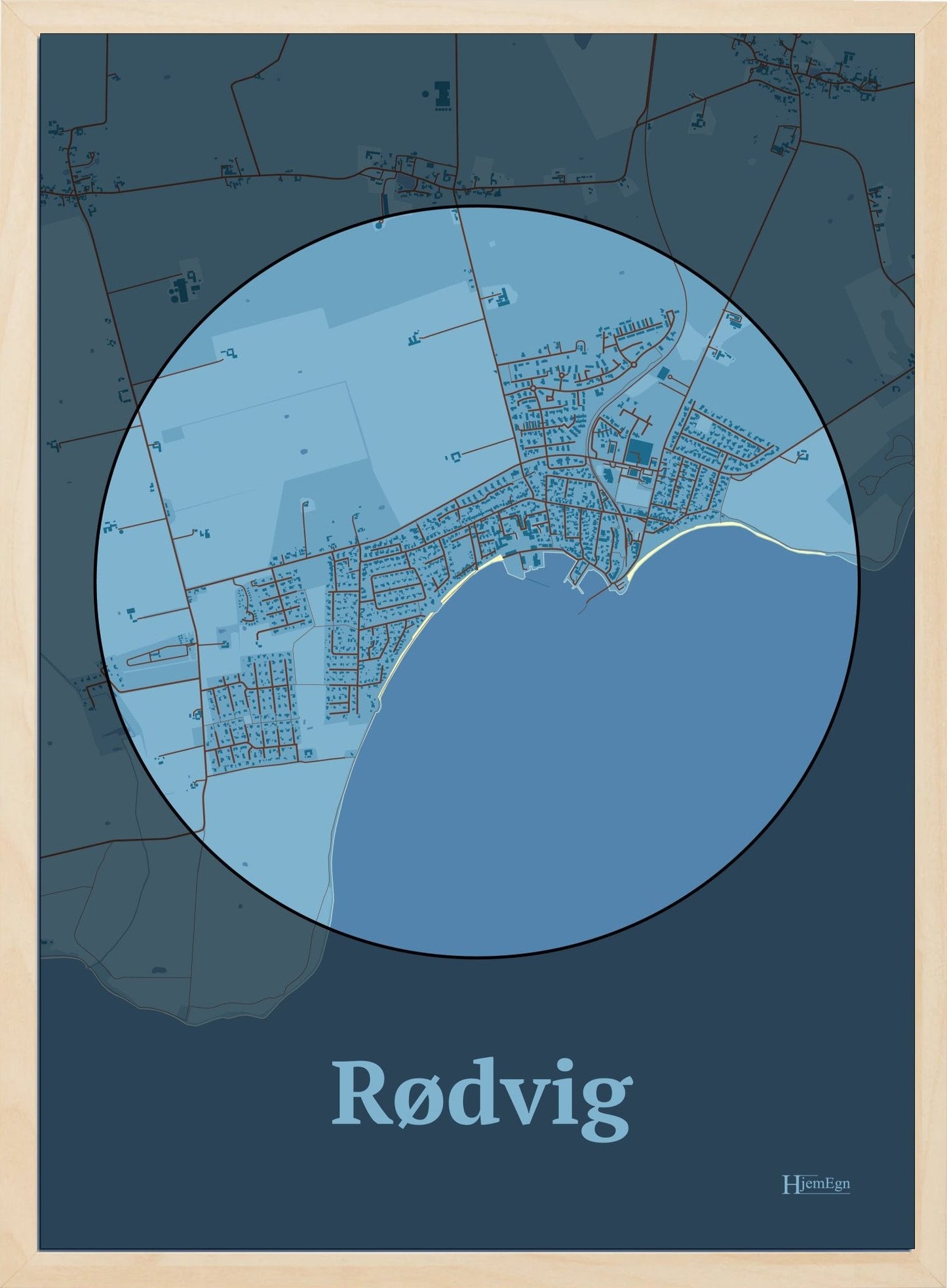 Rødvig plakat i farve pastel blå og HjemEgn.dk design centrum. Design bykort for Rødvig