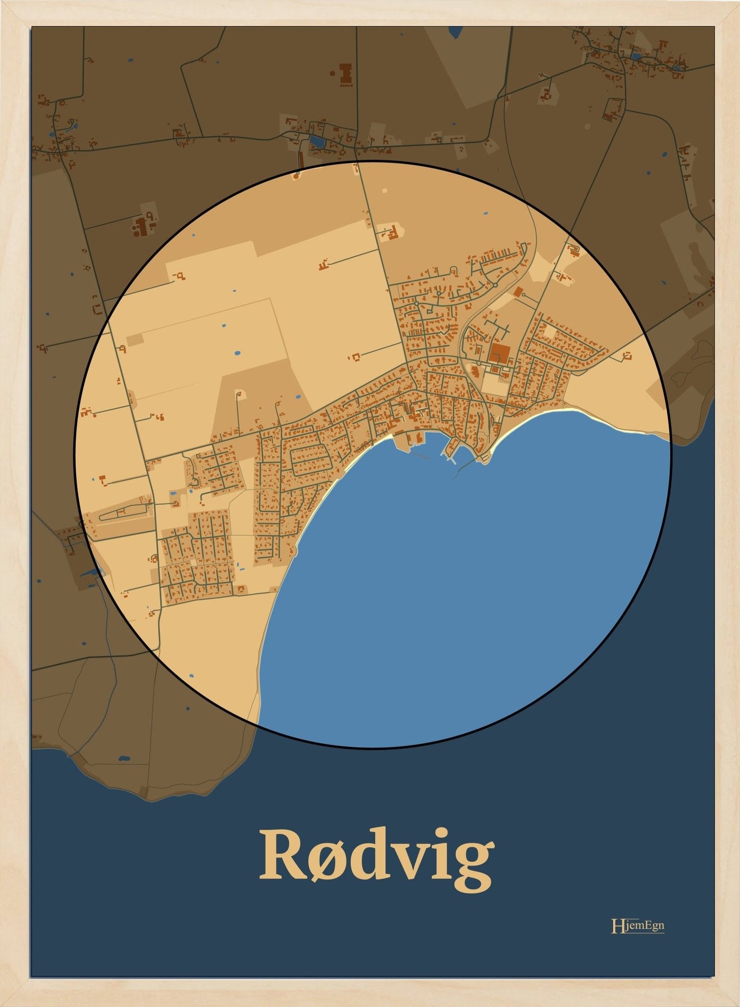 Rødvig plakat i farve pastel brun og HjemEgn.dk design centrum. Design bykort for Rødvig