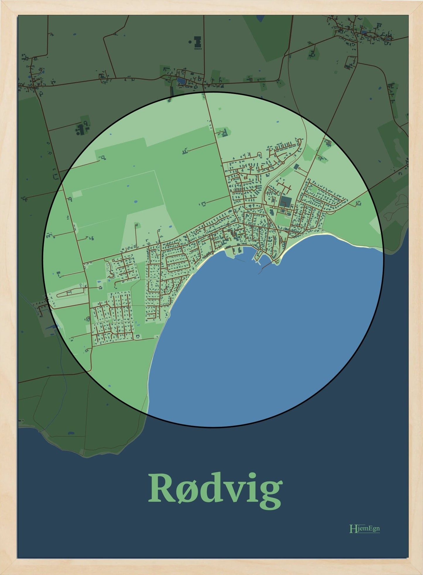 Rødvig plakat i farve pastel grøn og HjemEgn.dk design centrum. Design bykort for Rødvig