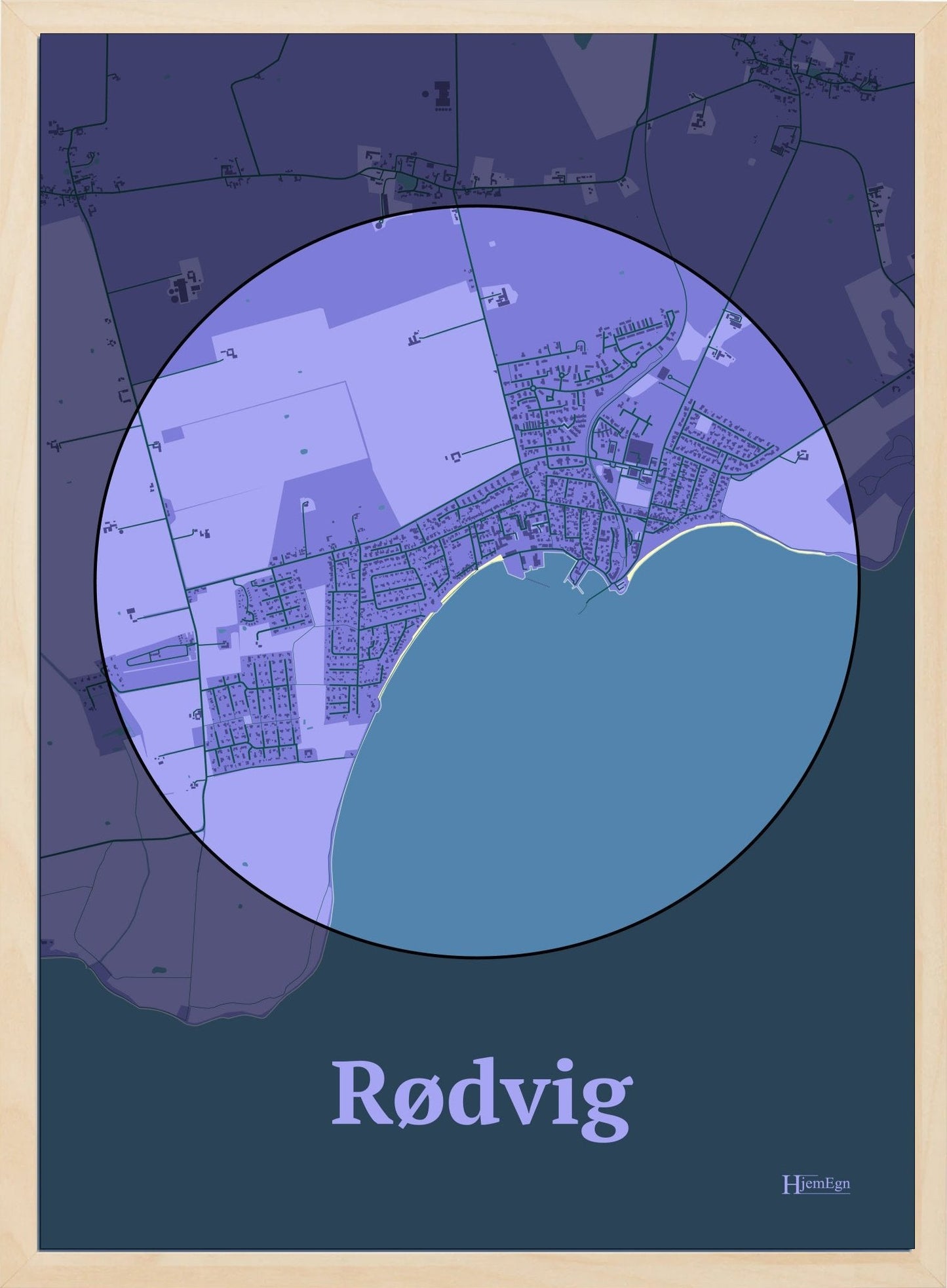 Rødvig plakat i farve pastel lilla og HjemEgn.dk design centrum. Design bykort for Rødvig