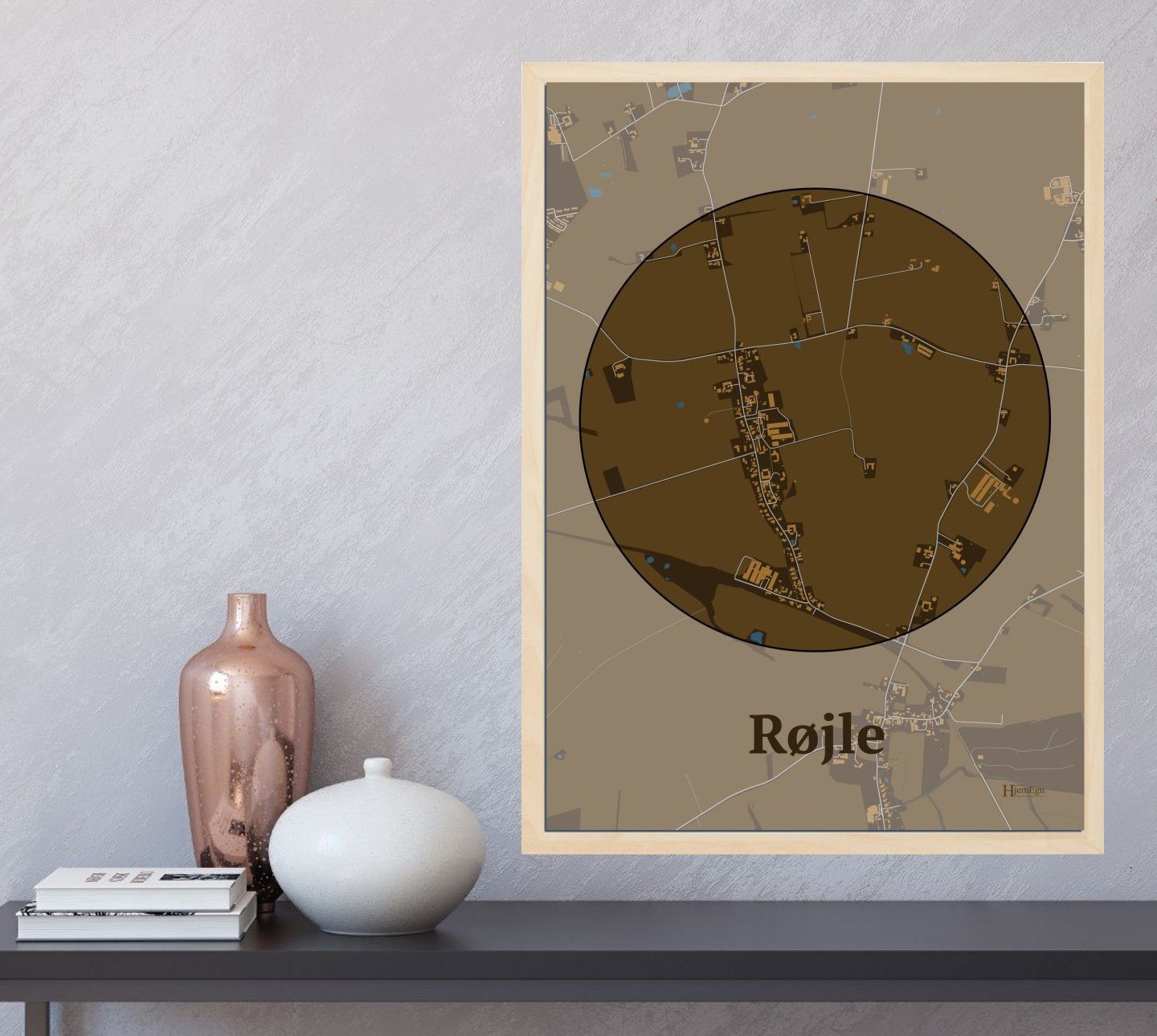 Røjle plakat i farve og HjemEgn.dk design centrum. Design bykort for Røjle