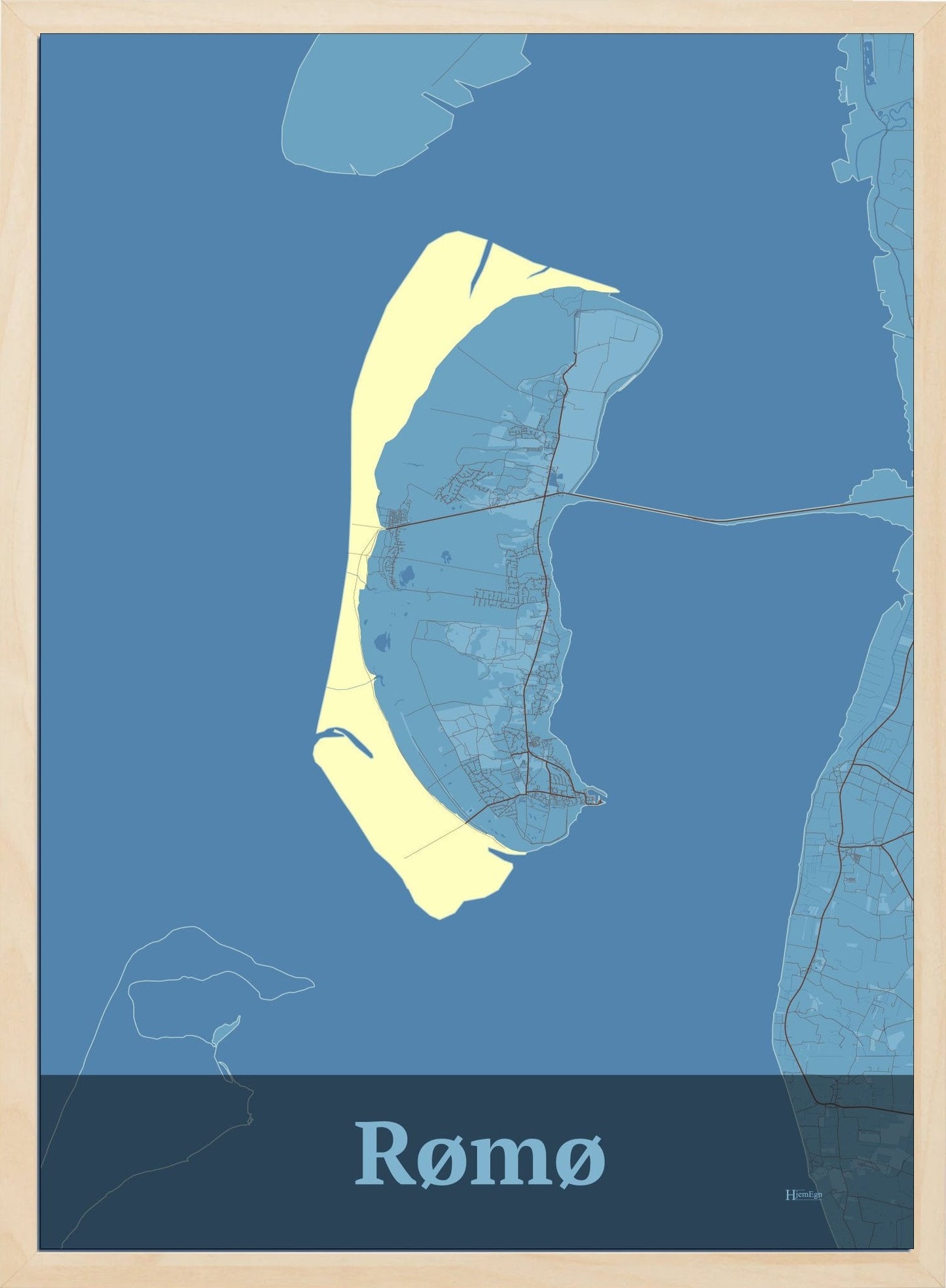 Rømø plakat i farve pastel blå og HjemEgn.dk design firkantet. Design ø-kort for Rømø