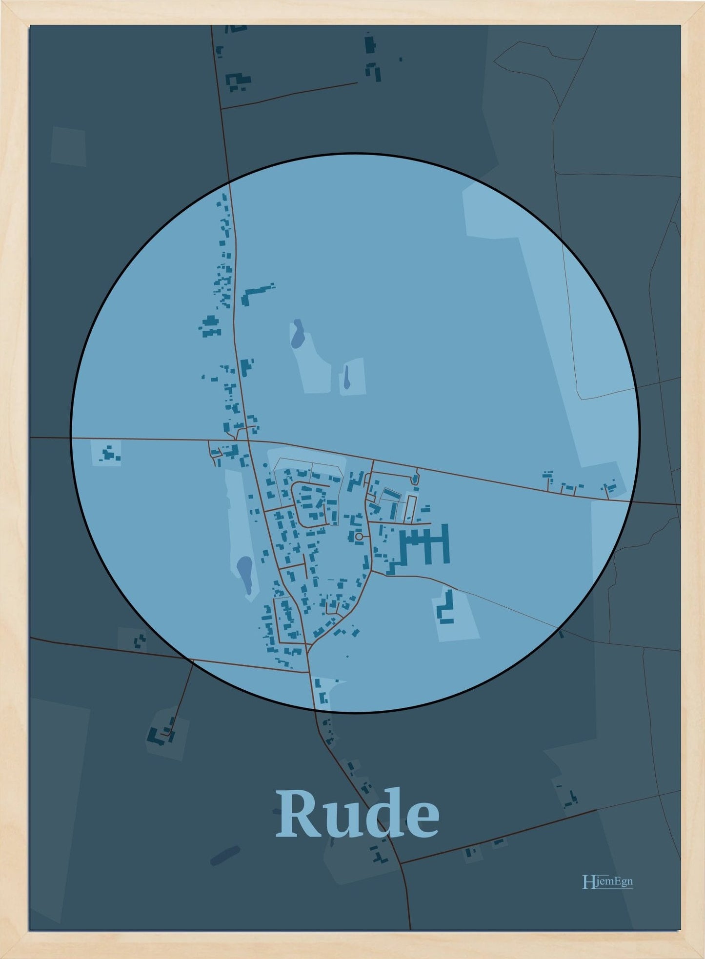 Rude plakat i farve pastel blå og HjemEgn.dk design centrum. Design bykort for Rude