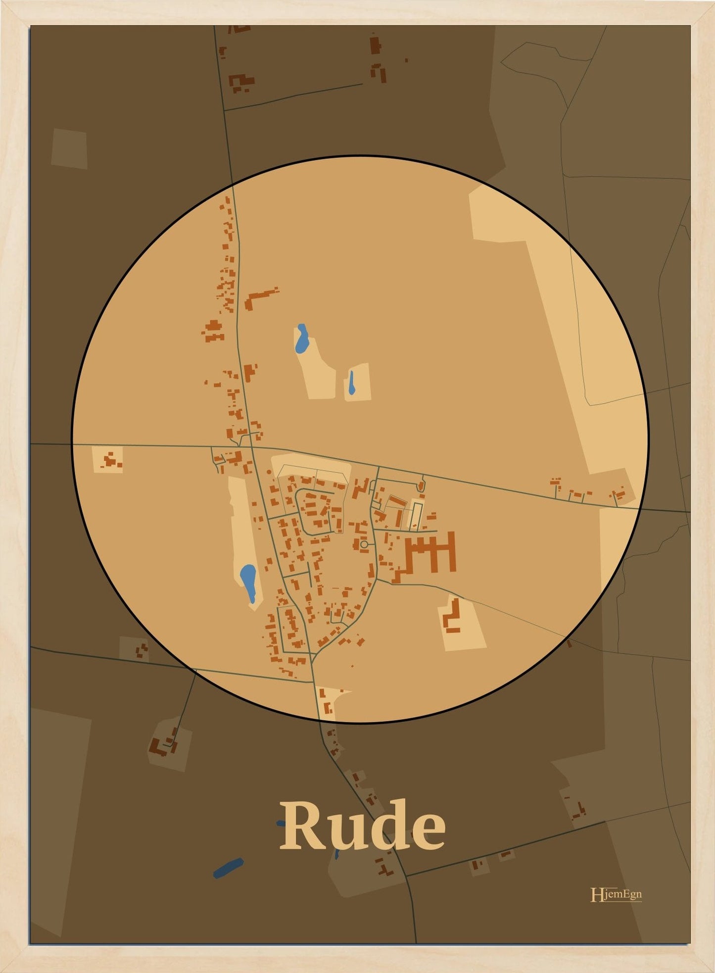 Rude plakat i farve pastel brun og HjemEgn.dk design centrum. Design bykort for Rude