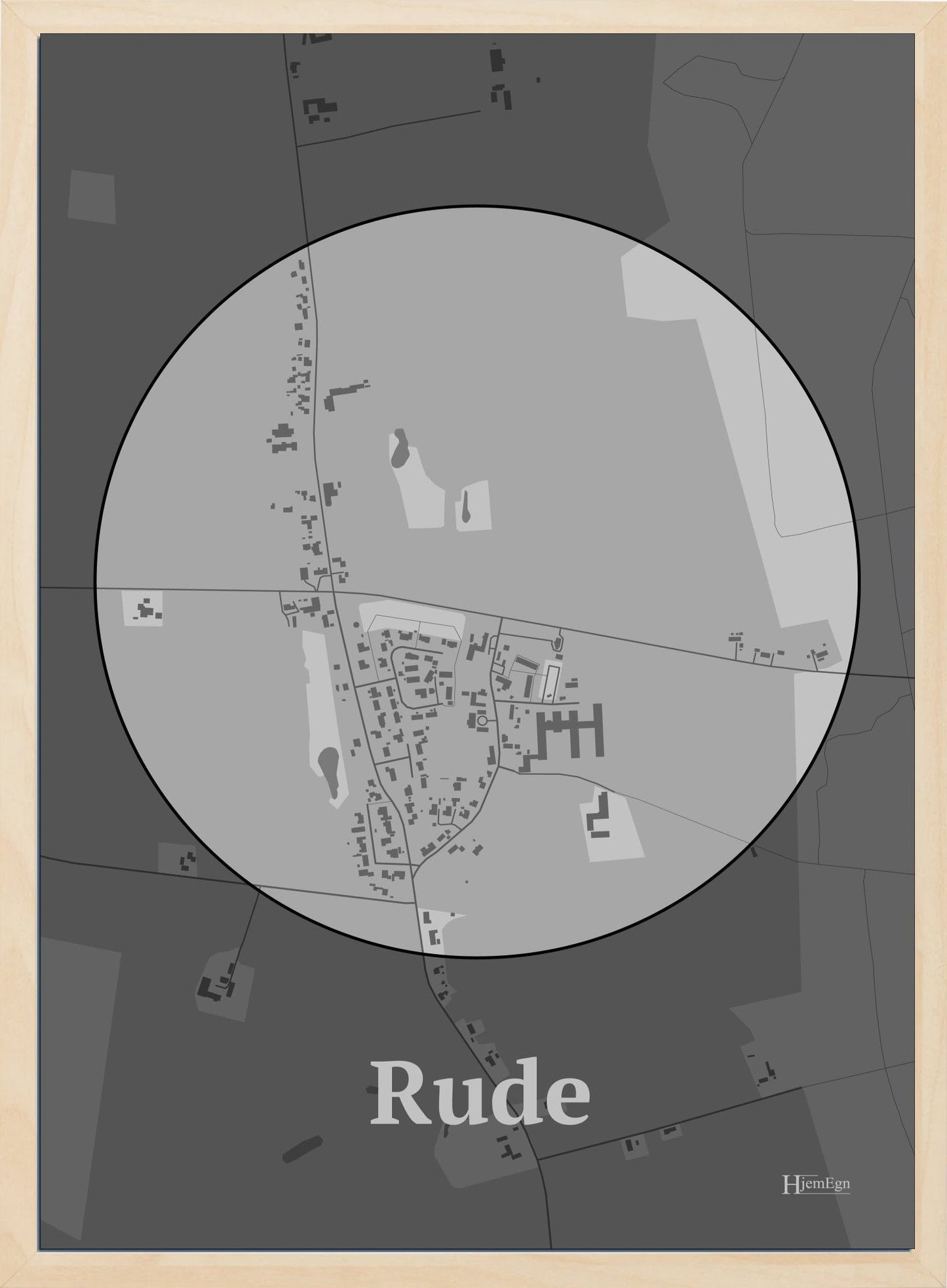 Rude plakat i farve pastel grå og HjemEgn.dk design centrum. Design bykort for Rude