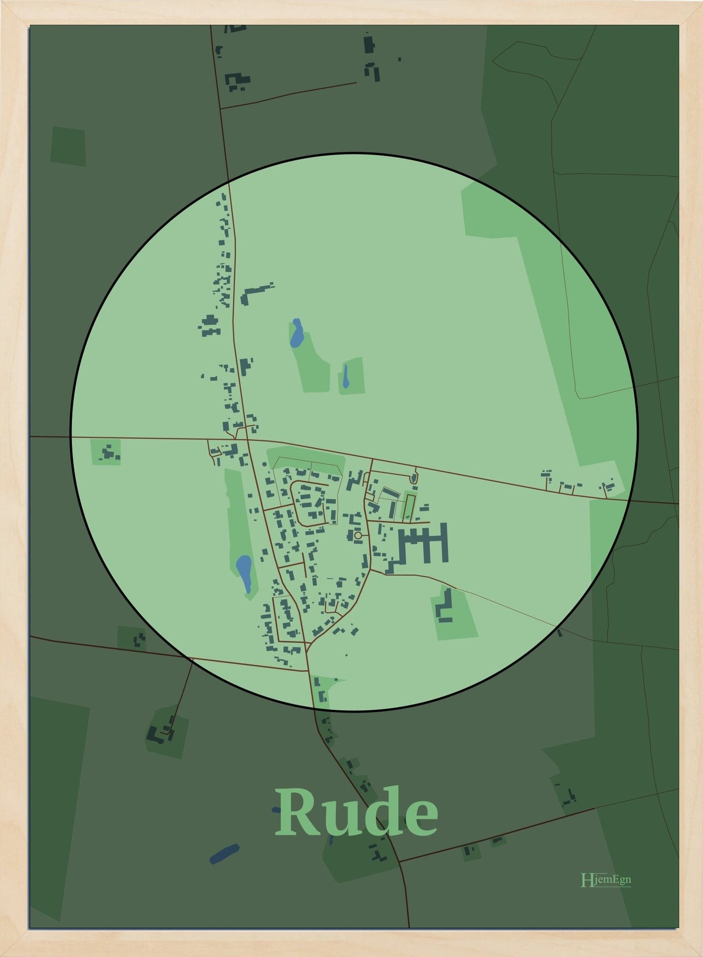 Rude plakat i farve pastel grøn og HjemEgn.dk design centrum. Design bykort for Rude