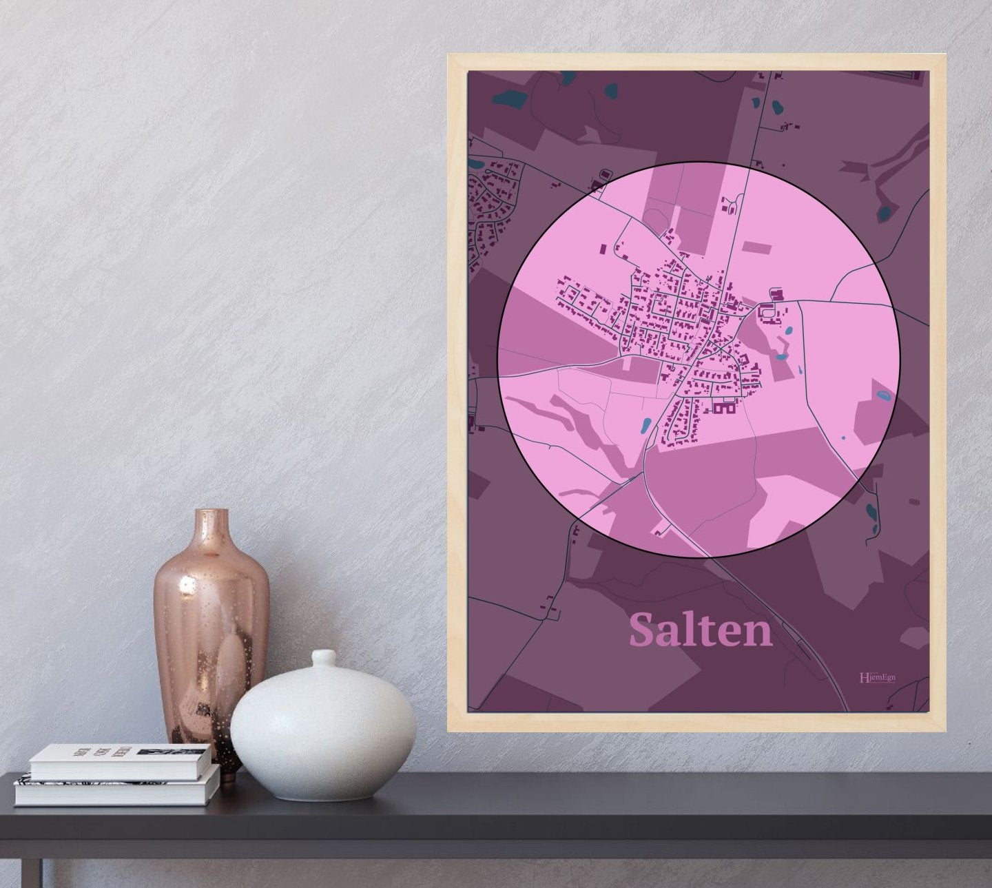 Salten plakat i farve og HjemEgn.dk design centrum. Design bykort for Salten