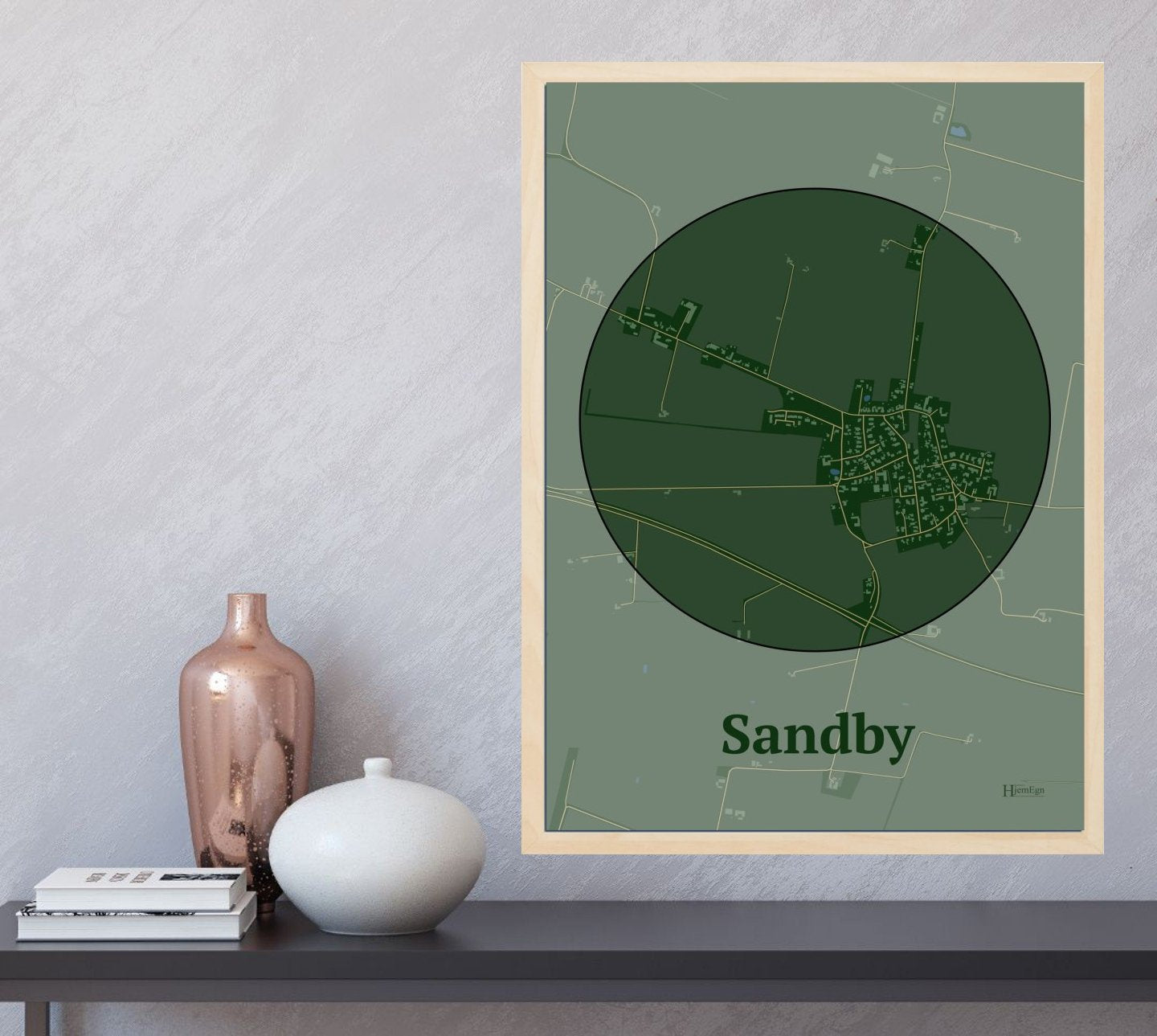 Sandby plakat i farve og HjemEgn.dk design centrum. Design bykort for Sandby