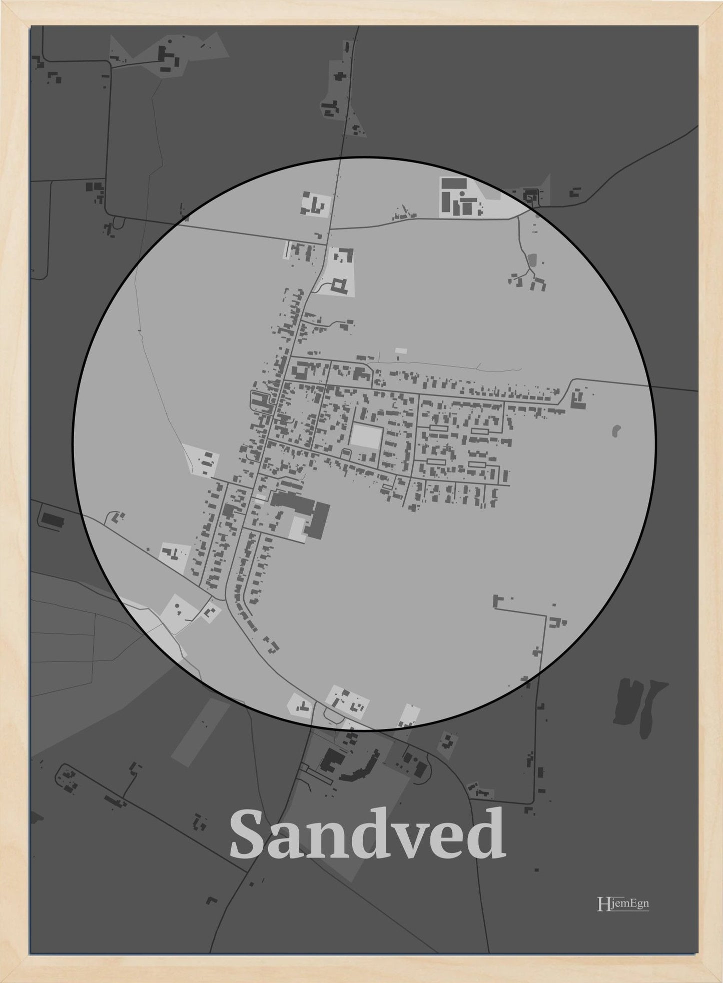 Sandved plakat i farve pastel grå og HjemEgn.dk design centrum. Design bykort for Sandved
