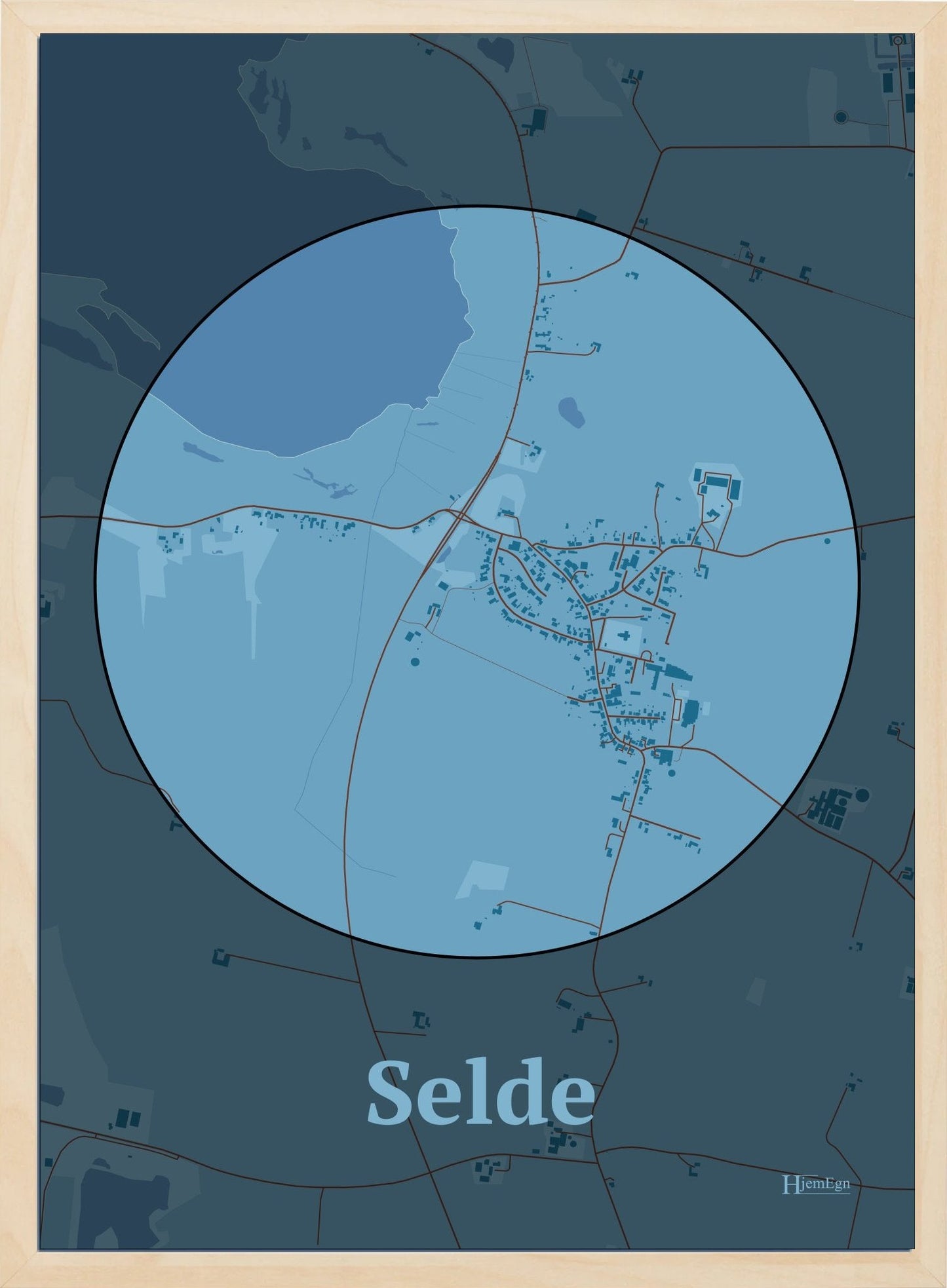 Selde plakat i farve pastel blå og HjemEgn.dk design centrum. Design bykort for Selde