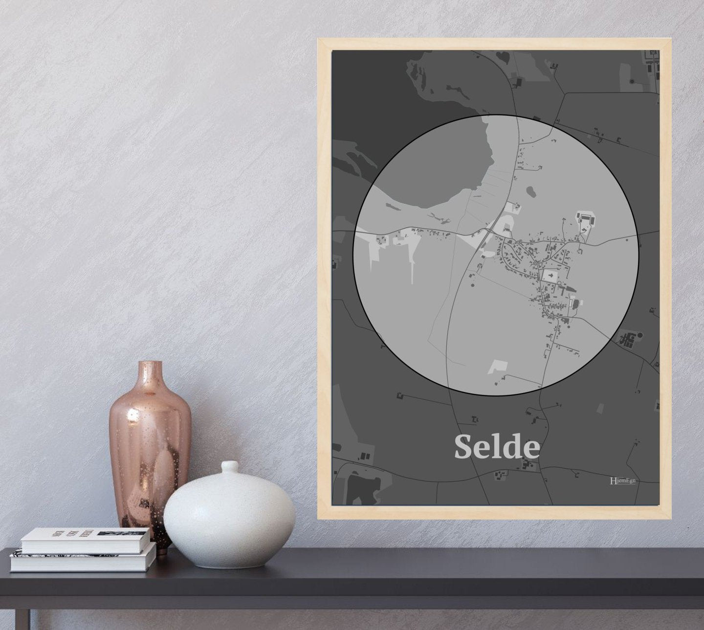 Selde plakat i farve og HjemEgn.dk design centrum. Design bykort for Selde