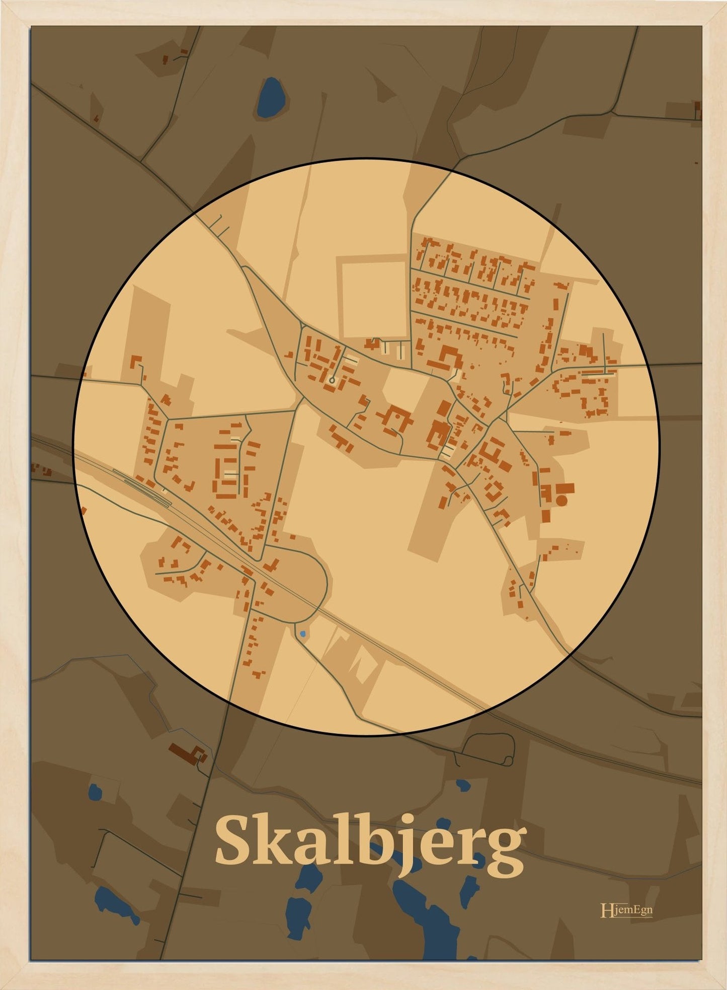 Skalbjerg plakat i farve pastel brun og HjemEgn.dk design centrum. Design bykort for Skalbjerg