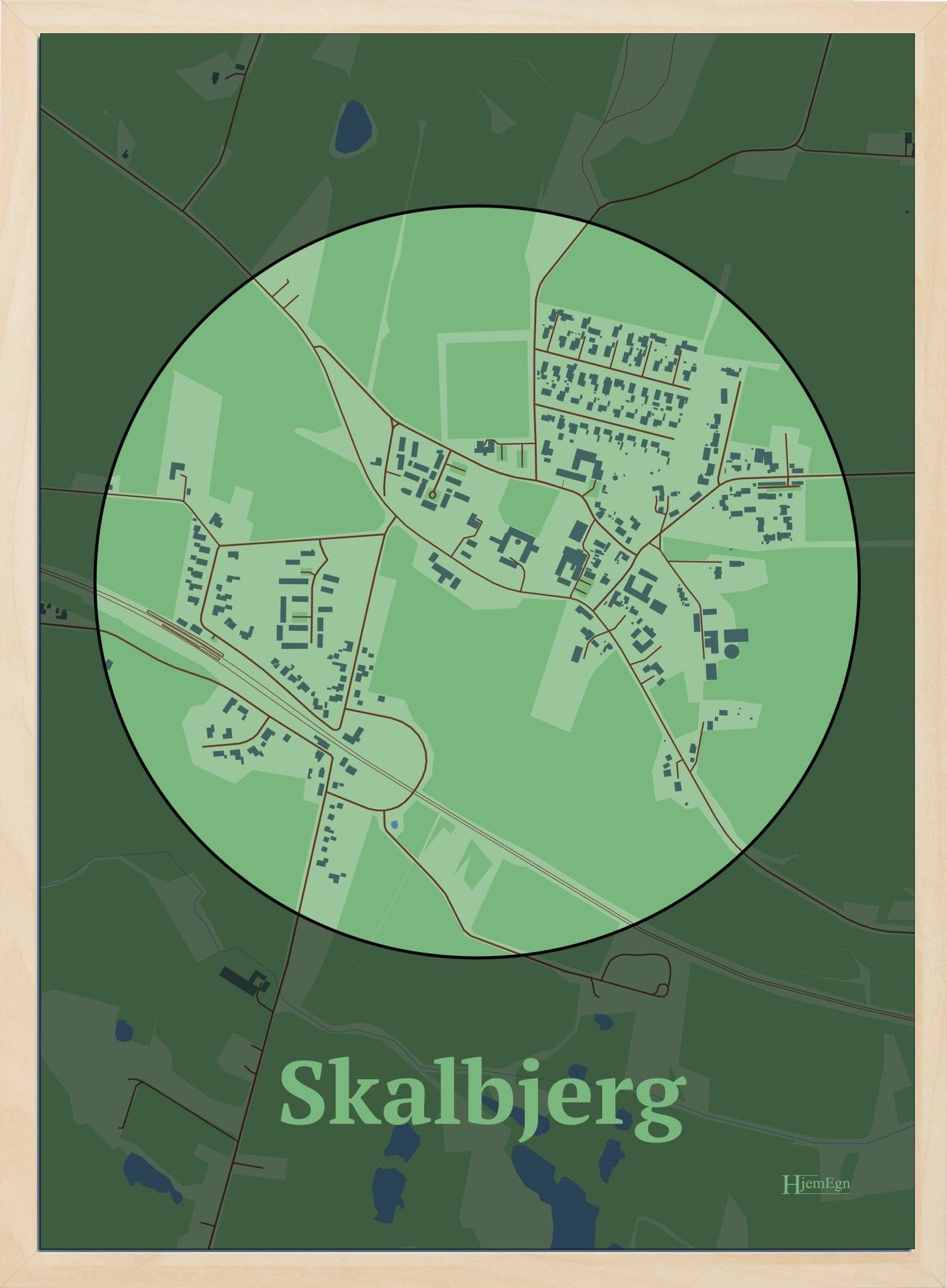 Skalbjerg plakat i farve pastel grøn og HjemEgn.dk design centrum. Design bykort for Skalbjerg