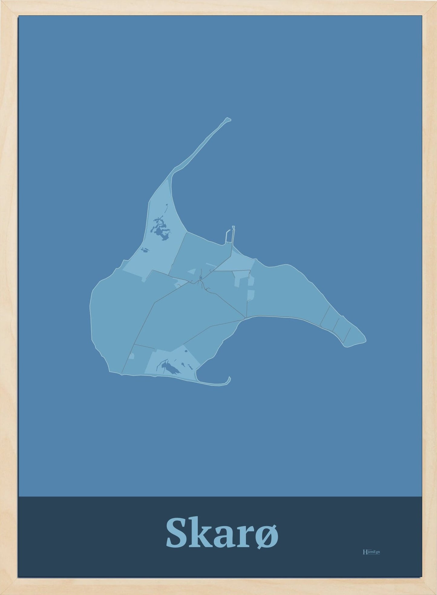 Skarø plakat i farve pastel blå og HjemEgn.dk design firkantet. Design ø-kort for Skarø