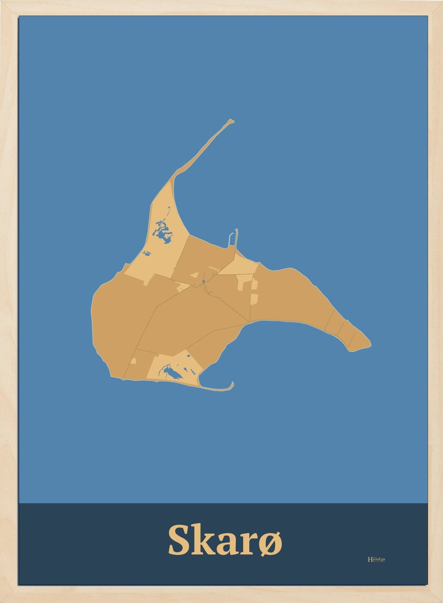 Skarø plakat i farve pastel brun og HjemEgn.dk design firkantet. Design ø-kort for Skarø