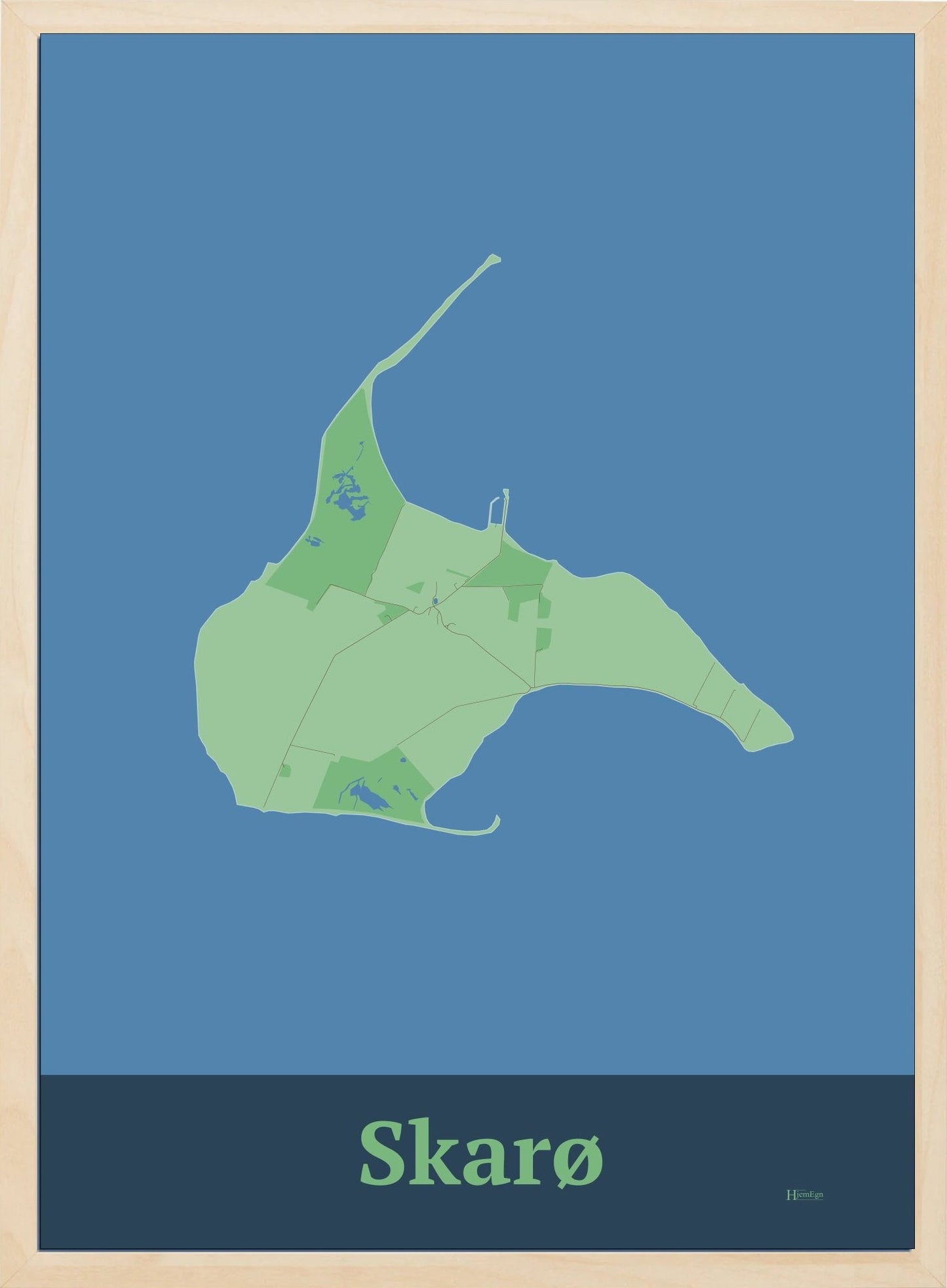 Skarø plakat i farve pastel grøn og HjemEgn.dk design firkantet. Design ø-kort for Skarø